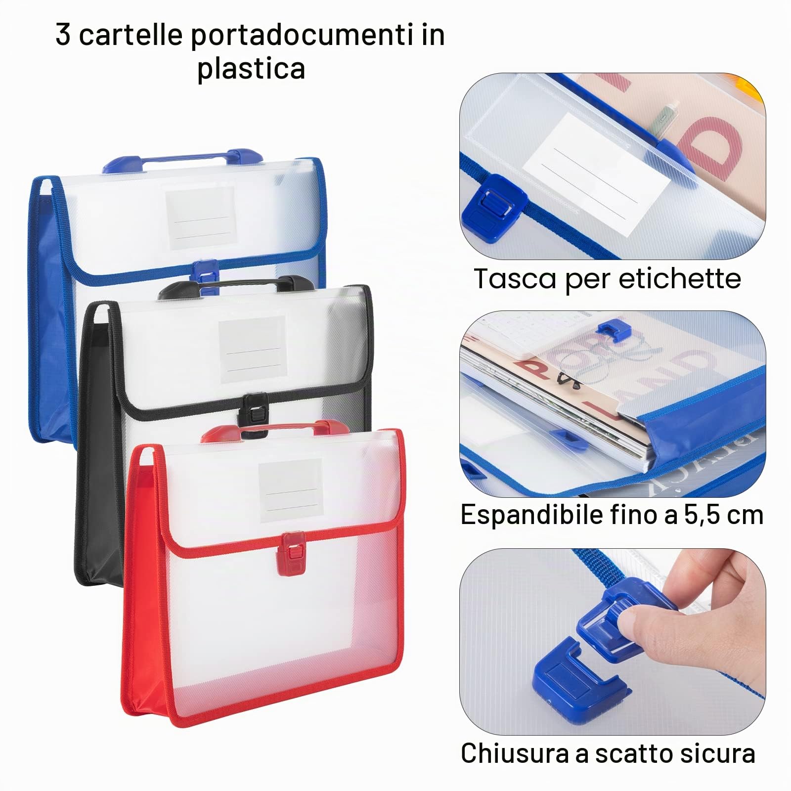 3 Pezzi Cartelline Portadocumenti in Plastica A4, Grande Capacità Cartelle Trasparenti con Bottone a Pressione e Maniglia, Cartellette Documento Storage con Tasca per Etichette