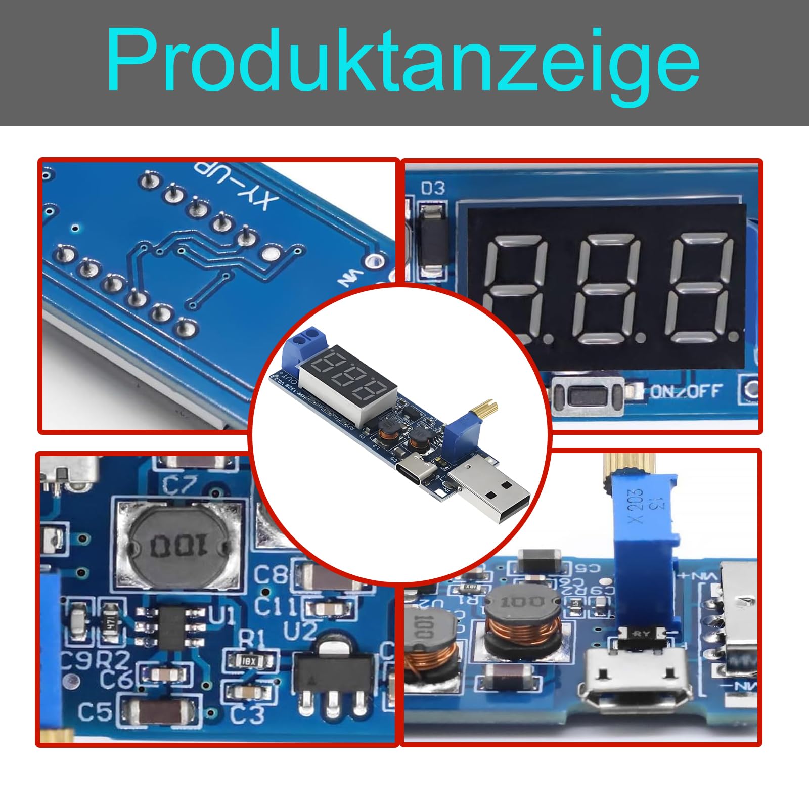 3 sztuki modułu zasilacza DC-DC Step Up Down, konwerter USB 5 V na 3,3 V/9 V 12 V 24 V Boost Buck, moduł konwertera napięcia o zmiennej regulacji, konwerter Step Up (typ C)