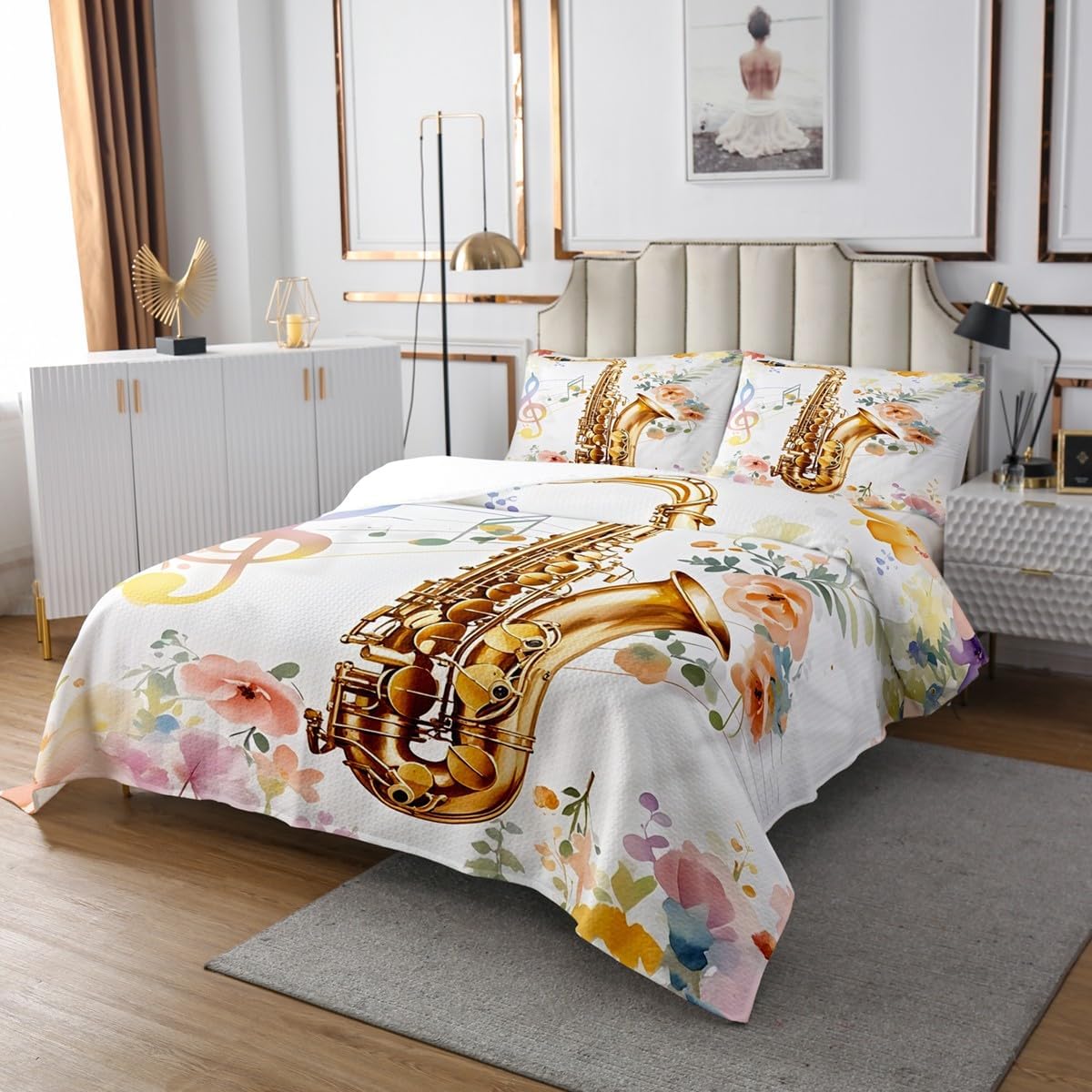 Erosebridal Saxophone 3D Print Quilt Set Queen Musical Notes Bedspread Music Stave Flower Coverlet Set for Kids Adults,Jazz Music Theme Bedding Quilted