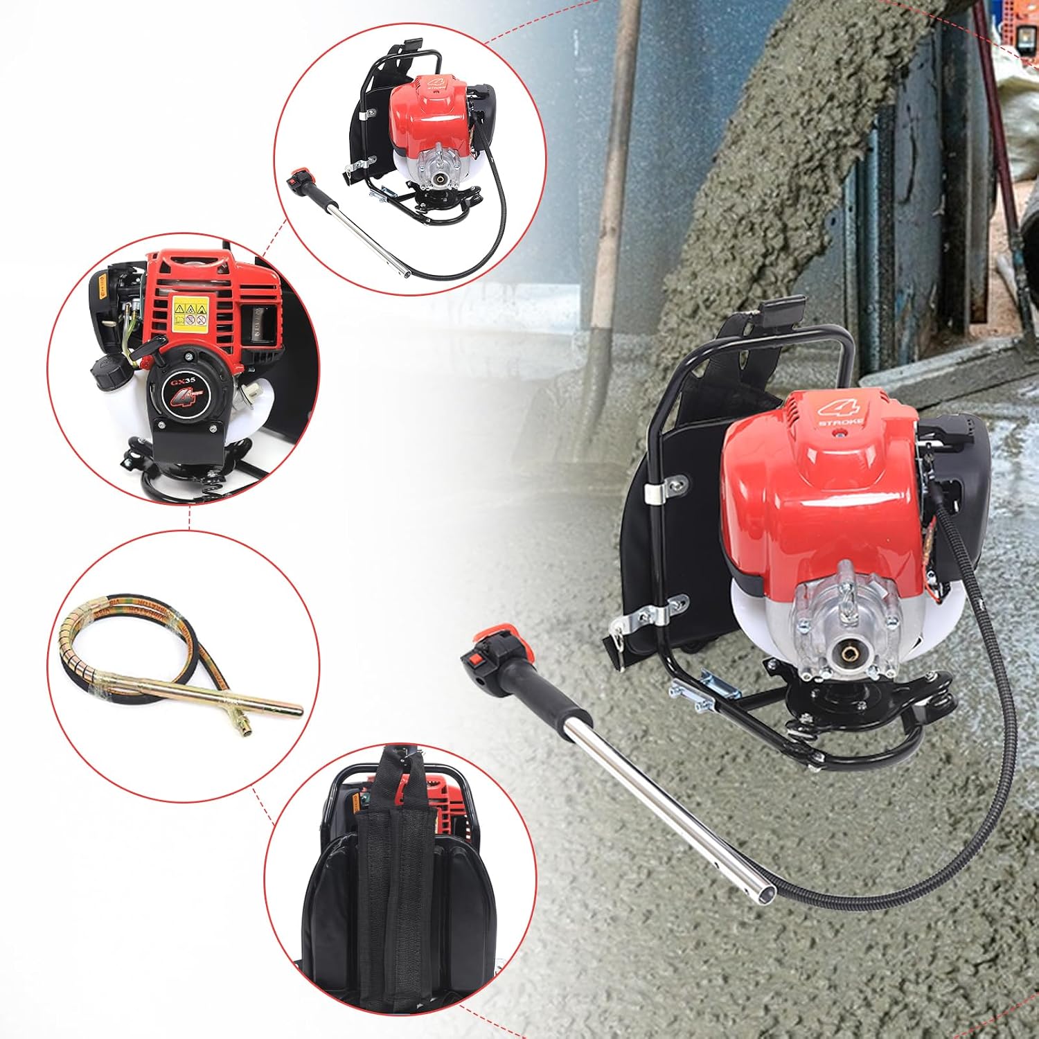 Concrete Vibrator, 4 Stroke Gas Power Concrete Vibrator Equipment, 38.7cc 1.4hp Concrete Vibrating Tool, Backpack Concrete Vibrabrater, Portable Vibrator Single-Cylinder, Air Cooled