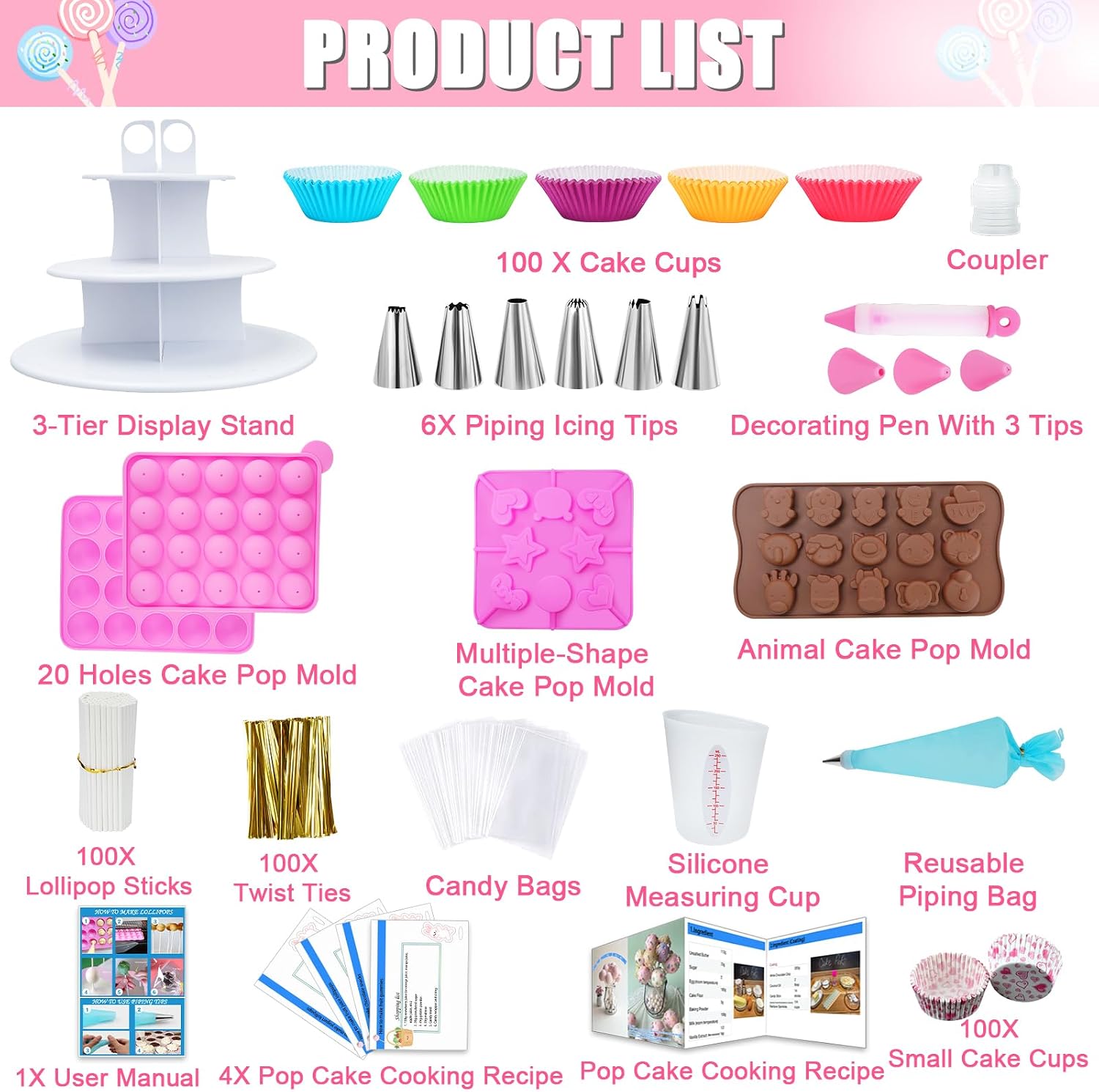 Cake Pop Maker Kit with 3 Silicone Mold Sets - 3 Tier Display Stand Piping Tips Muffin Cupcakes Instructions Visual Recipe Cards Lollipop Sticks Valentine Easter Gifts for Mom Wife