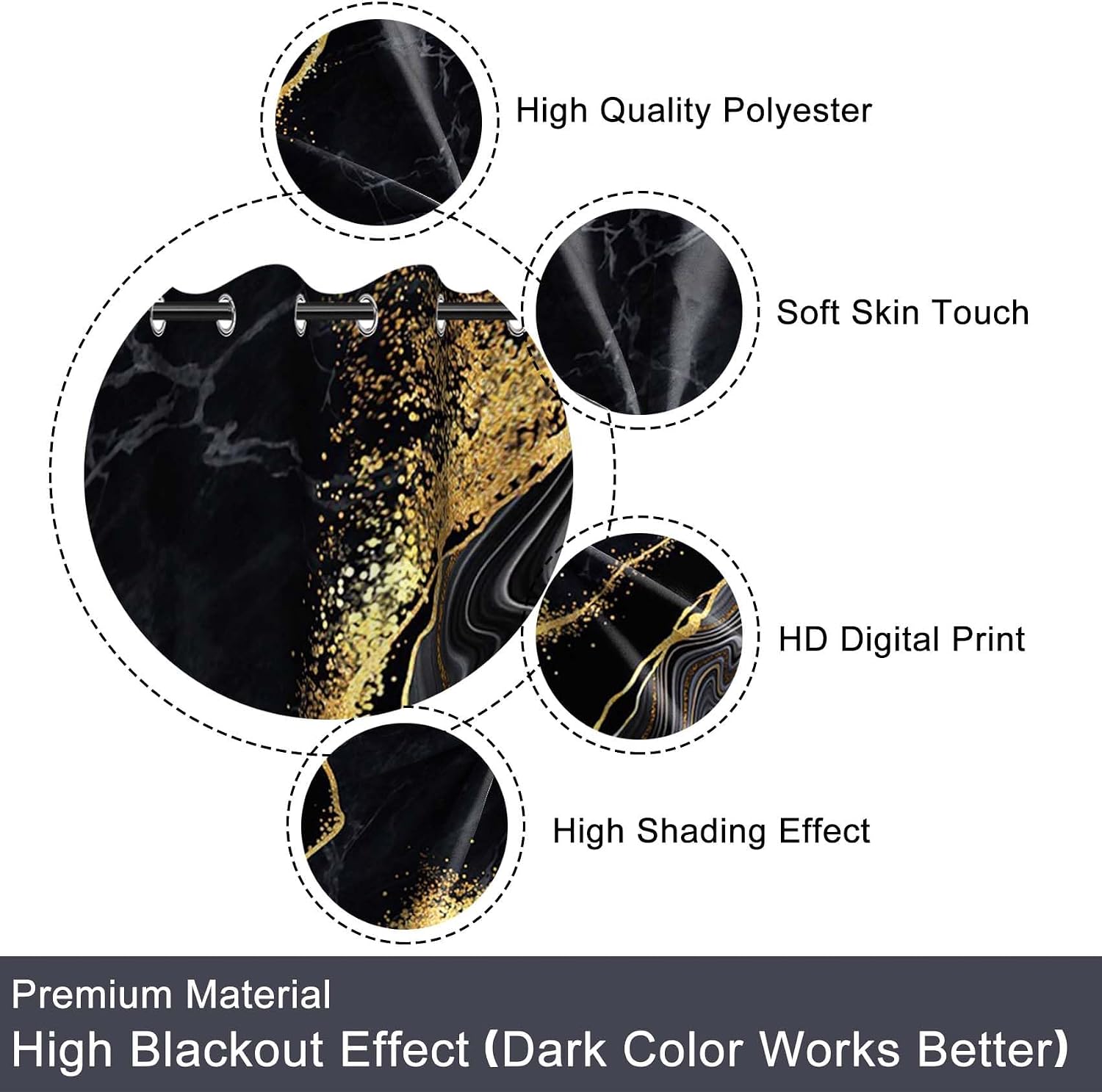 Baocicco Black Gold Marble Window Curtains - 2 Panels W21xL45 Inch, Luxury Gold Modern Design Grommets, Art Fluid Golden Texture, Bedroom & Living Room Blackout Curtains
