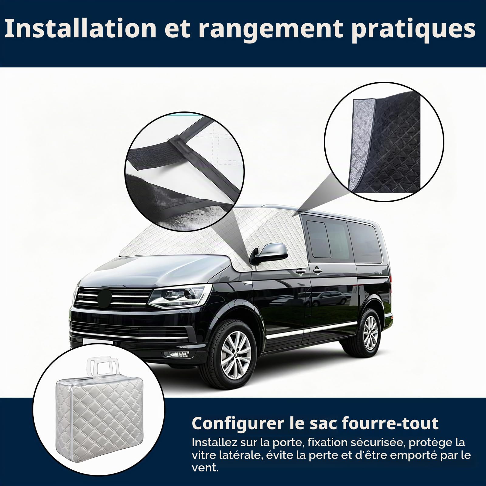 Pare-Soleil Voiture Pare-Brise Avant Compatible avec VW T6, Couverture de Pare-Brise Extérieur pour Camping-Car, Pliable Housse Protection Solaire Neige Toutes Saisons,avec Sac de Rangement