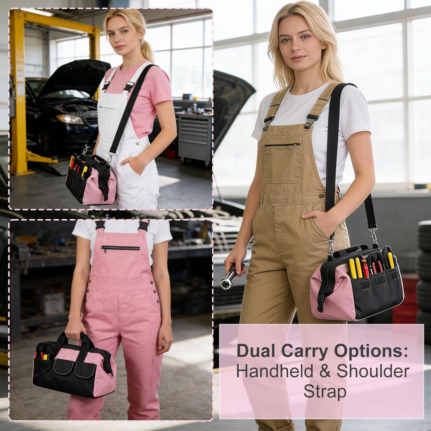 3 Pack Pink Tool Bag for Women, 13 Inch Heavy Duty Water-Resistant Tool Organizer Tote with Multiple Pockets, Wide Base & Zipper Closure for DIY, Crafting, Electricians, Tradeswomen, Home Repair