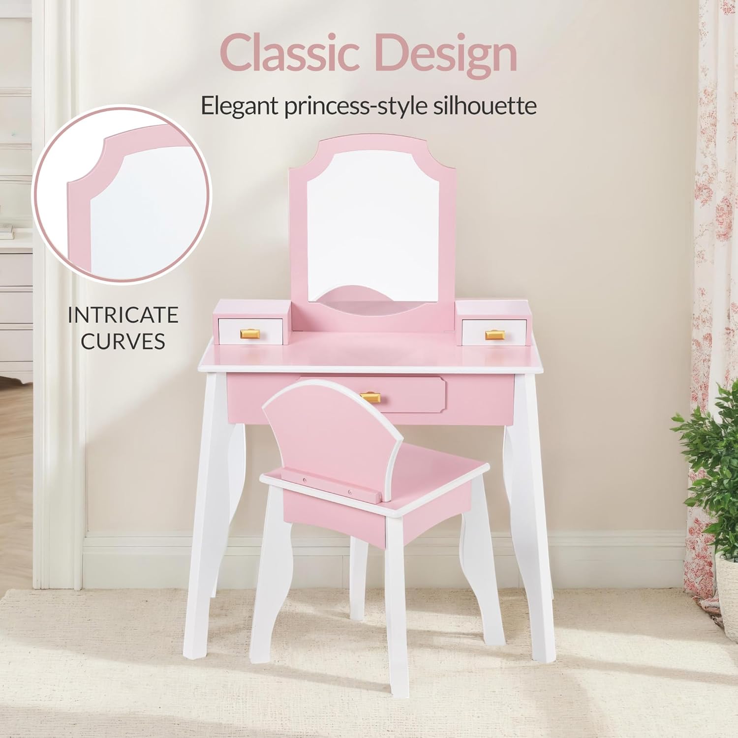 Best Choice Products Kids Wooden Pretend Play Vanity and Chair Set w/Mirror, Little Girls Makeup Table for Toddlers with 3 Storage Drawers, Pink