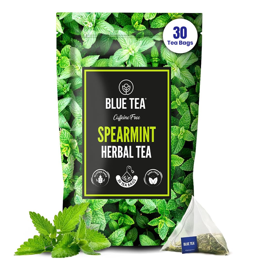 BLUE TEA - Spearmint Tea - 30 Tea Bags - Plant Based || PCOS RELIEF || Supports Digestion | Balances Hormones | Reduces Facial Hair | Herbal Tea - Caffeine Free | Zipper Packaging