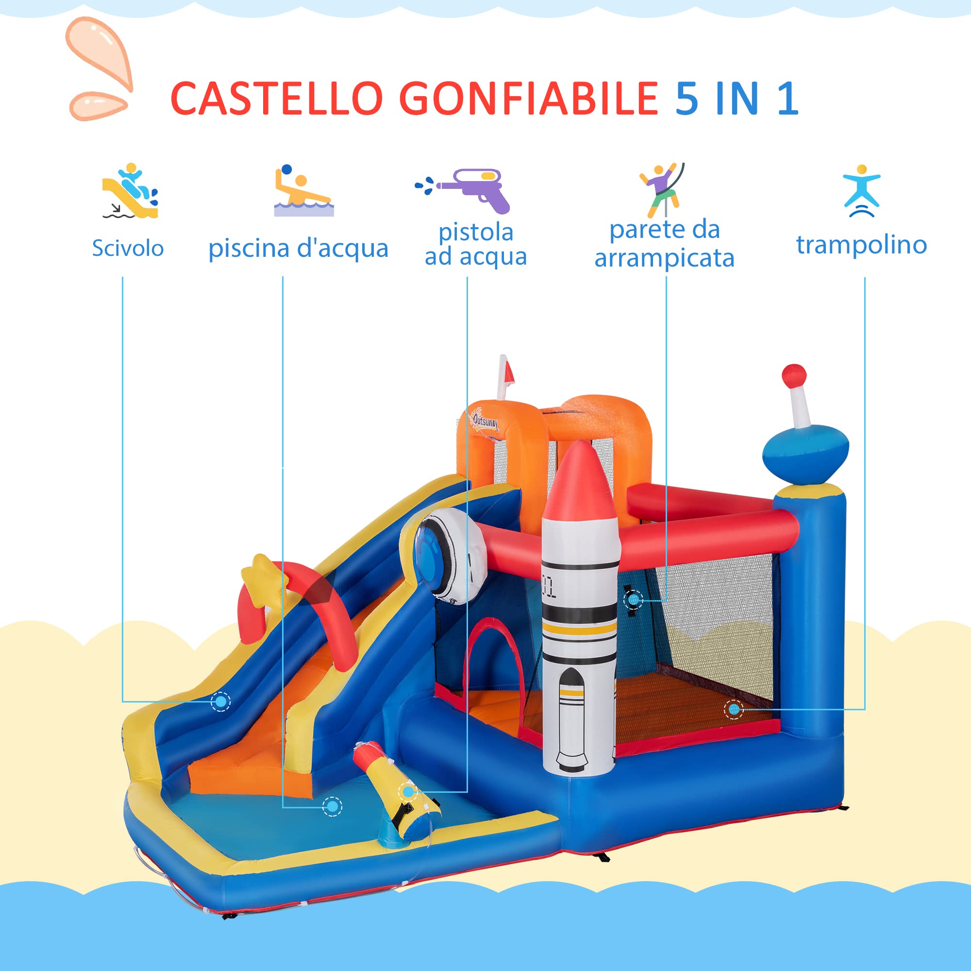 Outsunny Castello Gonfiabile per Bambini 3-8 Anni a tema Spazio con Borsa da Trasporto, 11 Paletti e Toppe Inclusi, in Tessuto Oxford, 340x270x227 cm