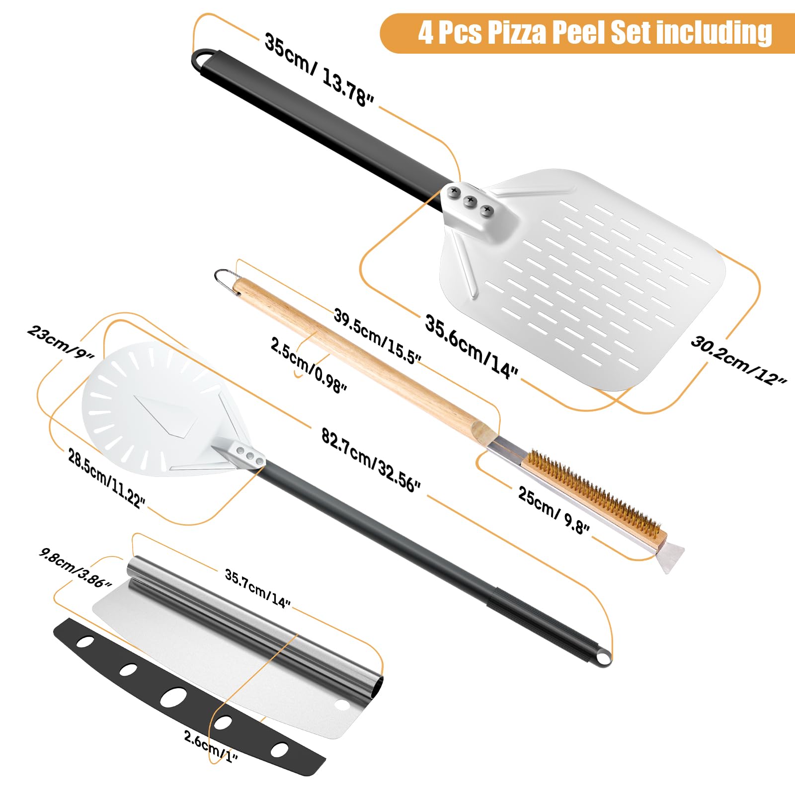 Kit 4 Pièces pour Pizza, Pelle a Pizza Perforée 30 cm, Pelle Pizza Ronde en Aluminium 23 cm, Roulette à Pizza professionnelle, Brosse de Nettoyage pour Four à Pizza, Accessoires Pizza pour Four Pizza