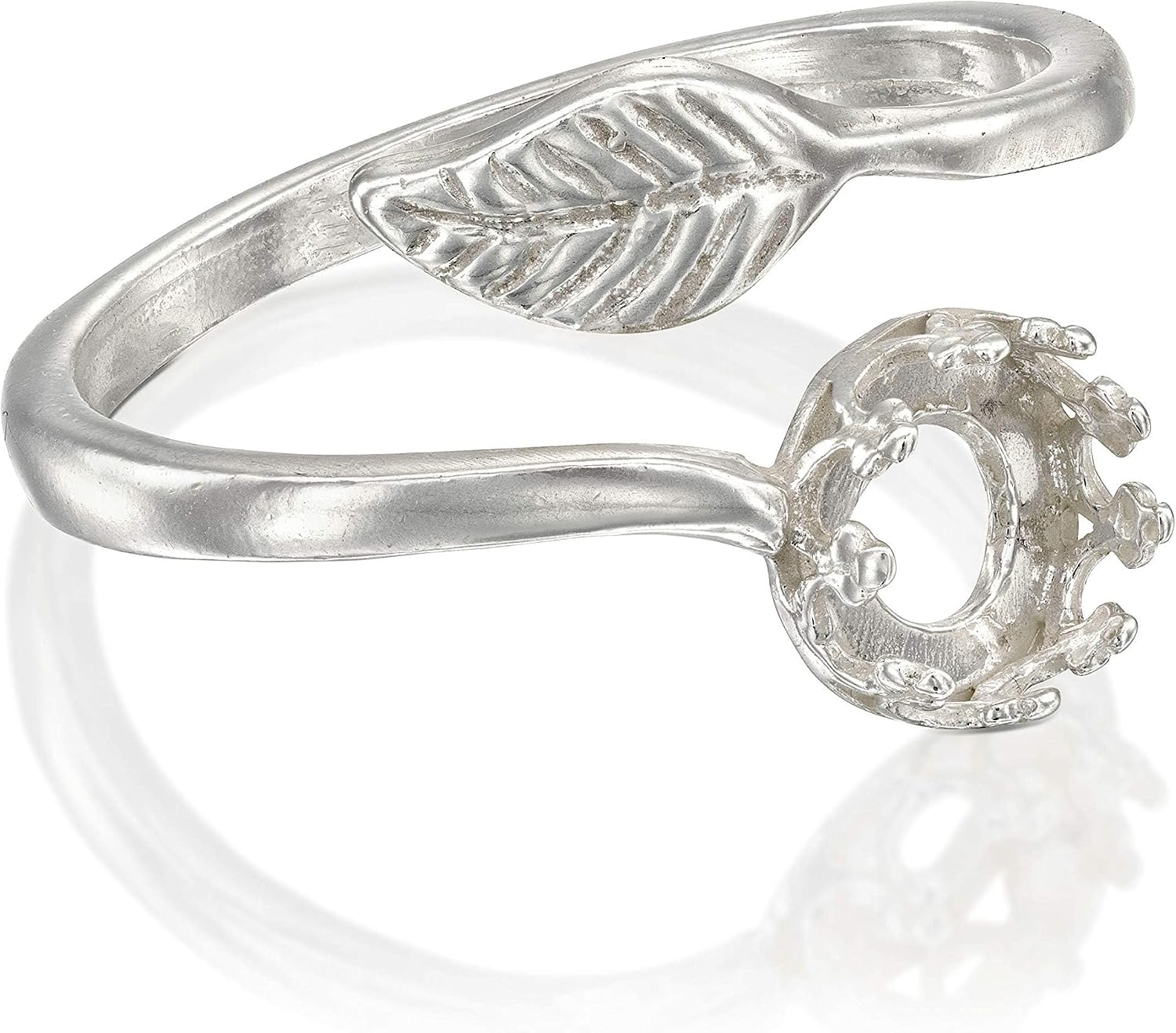 925 Sterling Silver 2 Pcs Adjustable Leaf - 6 to 9 Ring Base - 6mm Round Bezel Cup Setting - DIY Blank Rings for Jewelry Making Supplies - Adjustable Fit - Ring Blanks for Stones