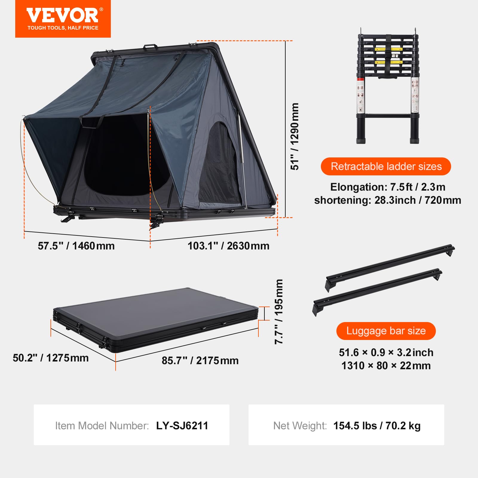 VEVOR Tenda da tetto rigida con guscio rigido, per 2-3 persone, con scala telescopica, materasso spesso, impermeabile e antivento, per Jeep, SUV, furgone, pick-up