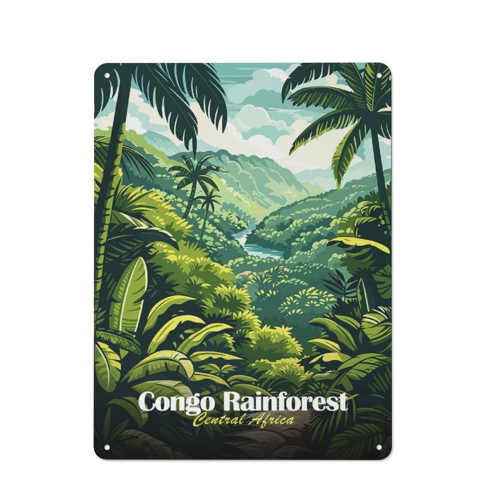 Junmoney Style-11 Tin Wall Plaque 40X30cm With Congo Rainforest Central Africa Illustration For Guest Room Or Hallway, For Garage, Workshop And Man Cave Decoration