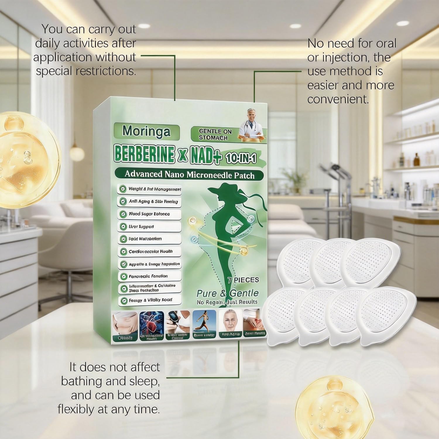 Moringa 10 en 1 Parches con Nano Microaguja y Berberina para Adelgazar, Parche Natural 2026, 4 Cajas