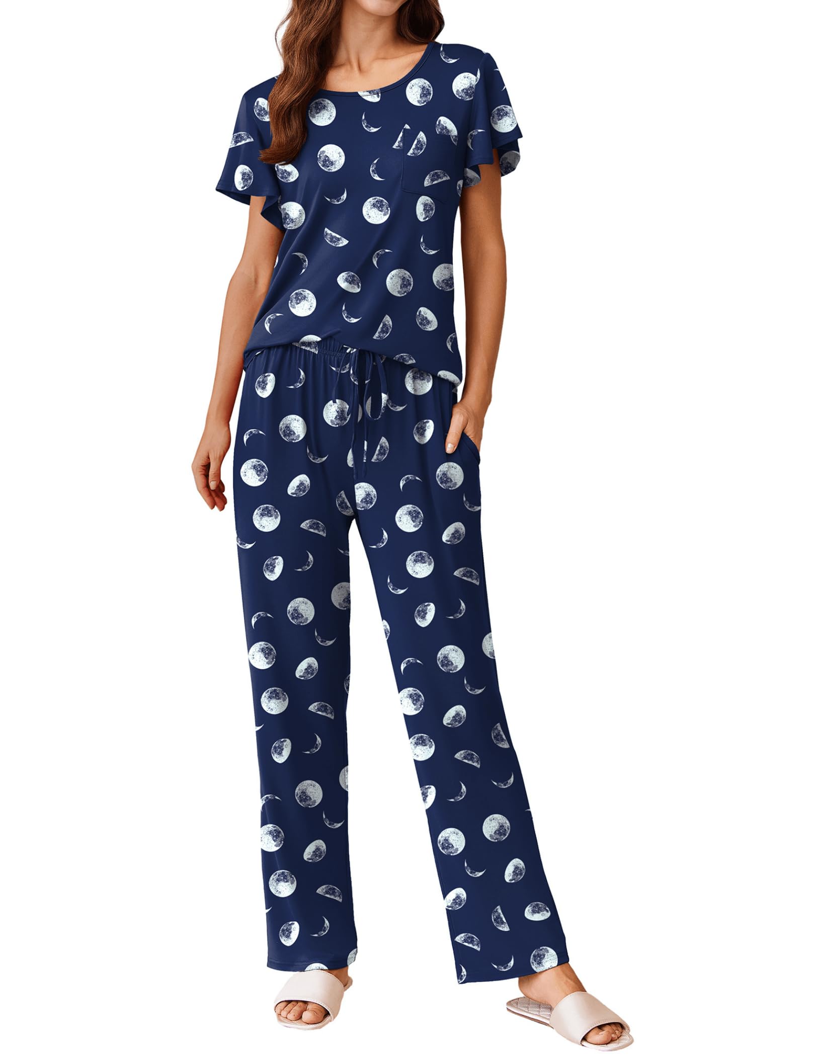 Ekouaer Pajamas for Women Set 2 Piece Comfy Loungewear, Lightweight Pjs Sleepwear, Short Sleeve Top &amp; Long Pants with Pockets
