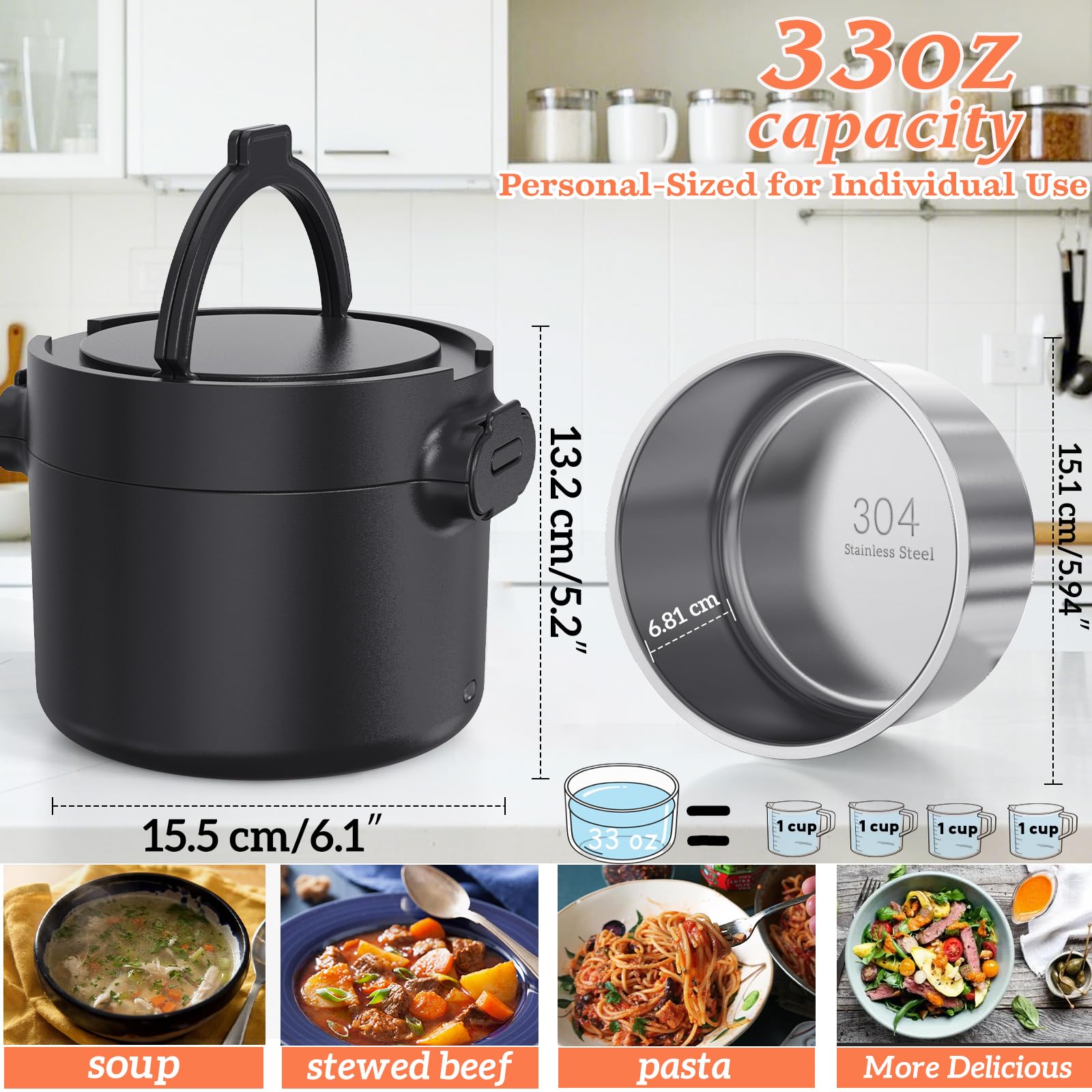 Lonchera eléctrica, calentador de alimentos portátil de 33 onzas, calentamiento rápido de 100 W y acero inoxidable 304 a prueba de fugas, 3 en 1 (automóvil 12 V/24 V y hogar 110 V) | Perfecto para 4
