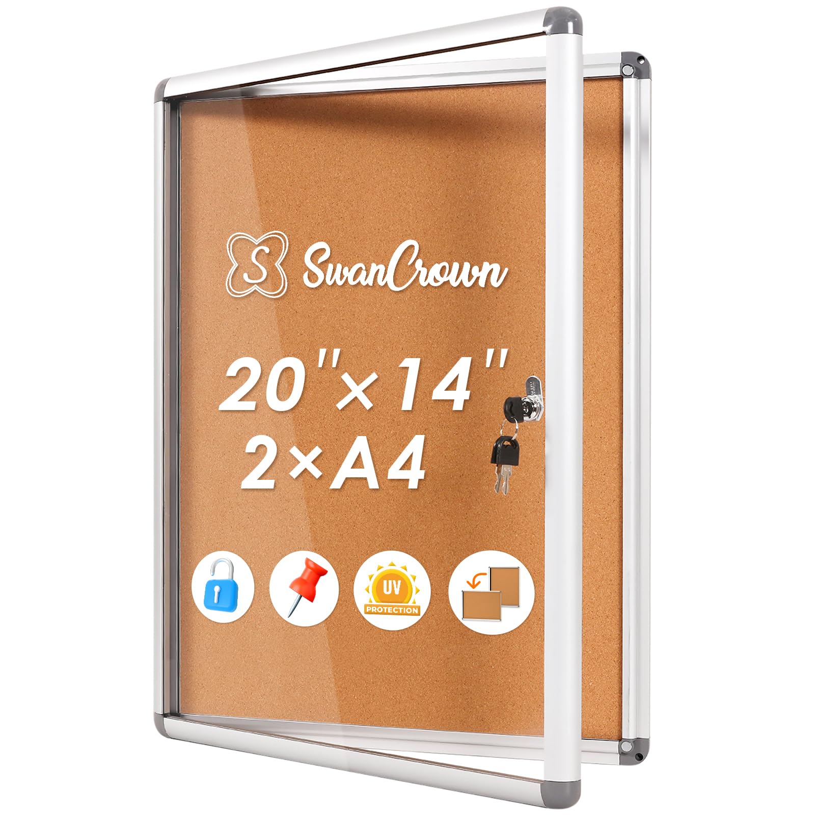 Swansea Enclosed Bulletin Board,Lockable Cork Noticeboard for School Office,Wall Display Case with Lock 20"x16"(2xA4)