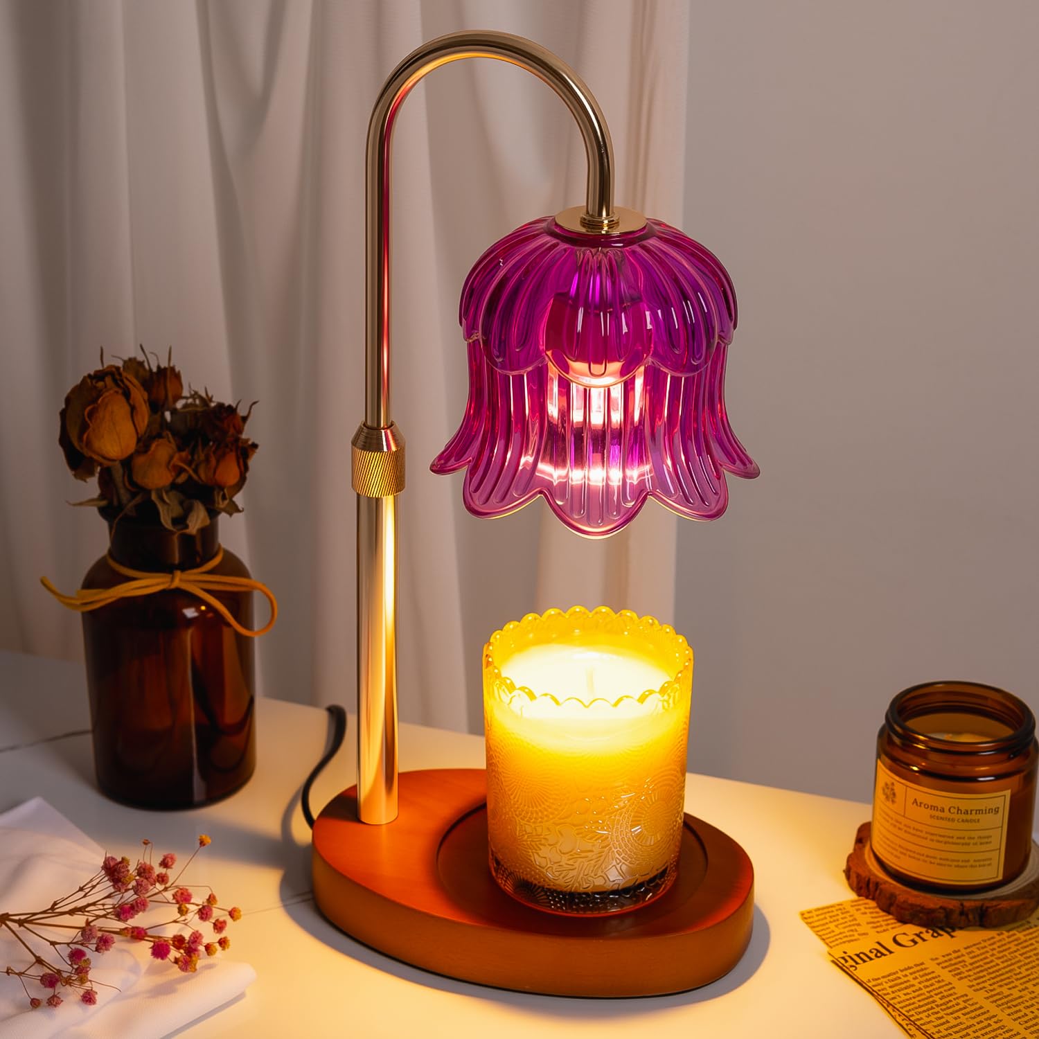 JEKEMORYE Candle Warmer Lamp with Timer -Purple Flower Lamp Electric Wax Melter - Adjustable Height and Brightness Jar Candles Flameless Burner Suitable Various Holiday Warming Gifts with 2 Bulbs