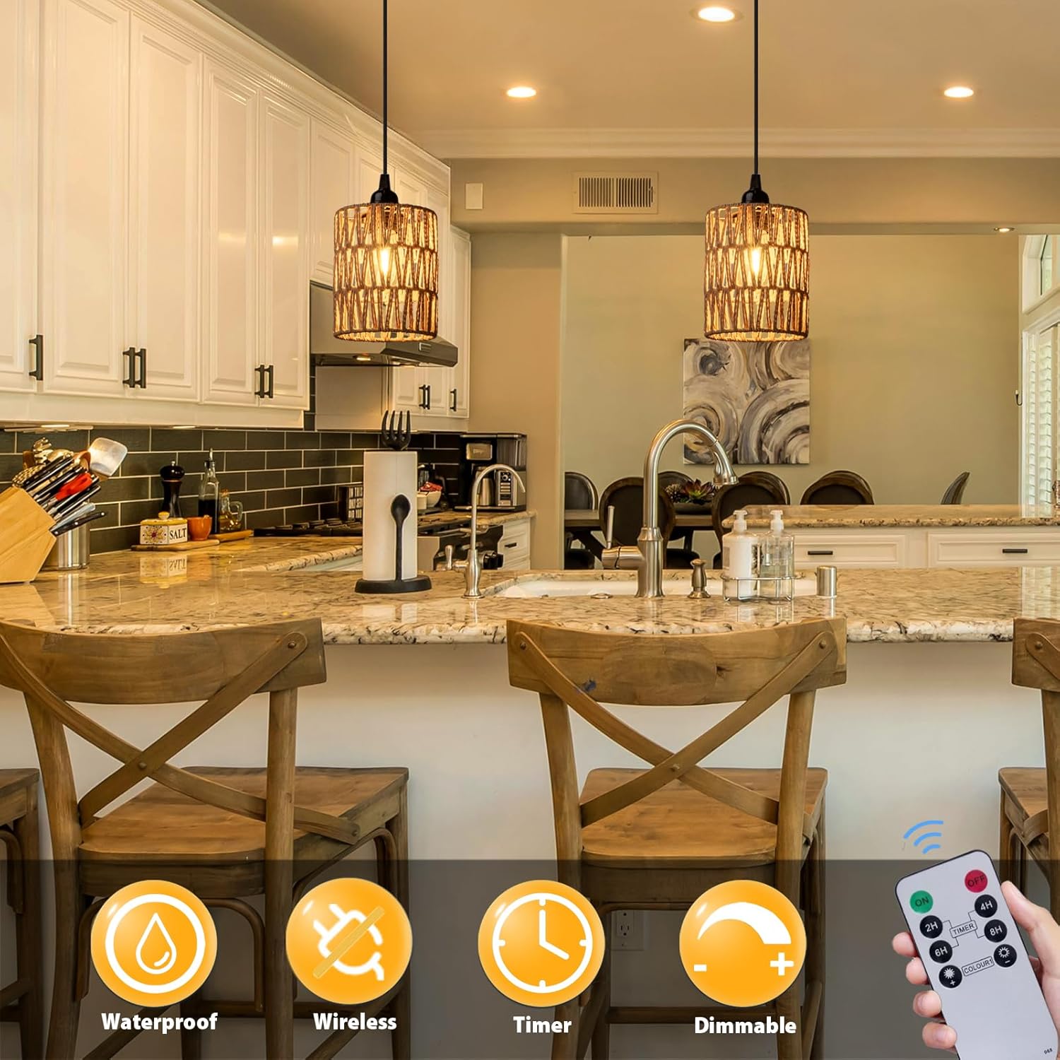 Battery Operated Chandelier, Battery Hanging Pendant Light, Rattan Lights with Warm White Bulb, 4*AA Battery Powered, for Gazebo Pergola Porch Patio Outdoor Indoor Decor (2)