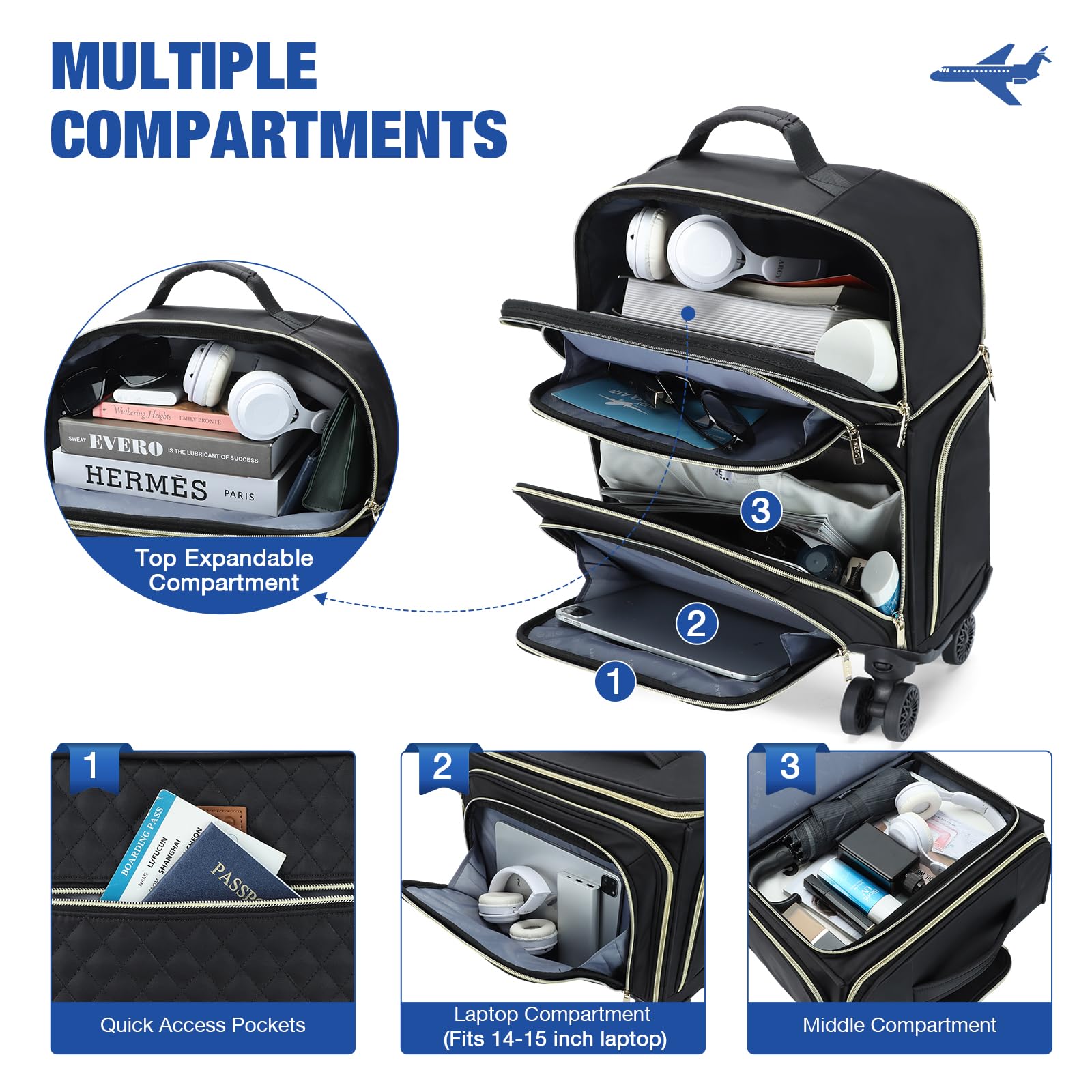 Lekeinchi Maletas de Viaje Expandible Maletín para Portátil con Ruedas, Trolley Equipaje de Mano con 6 Bolsas Organizadoras, Maleta Cabina con Ruedas para Viajes Negocios Trabajo (Negro, 25-38L)