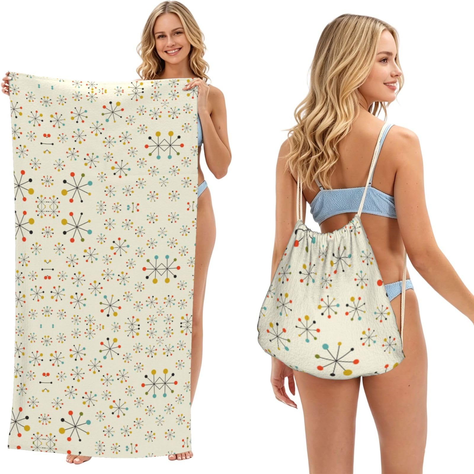 SATUSA Modern Print 2-In-1 Foldable Beach Towel Backpack – Camping, Yoga And Travel,Bath Towel With Built-In Storage, Convertible Beach Mat & Carry Bag