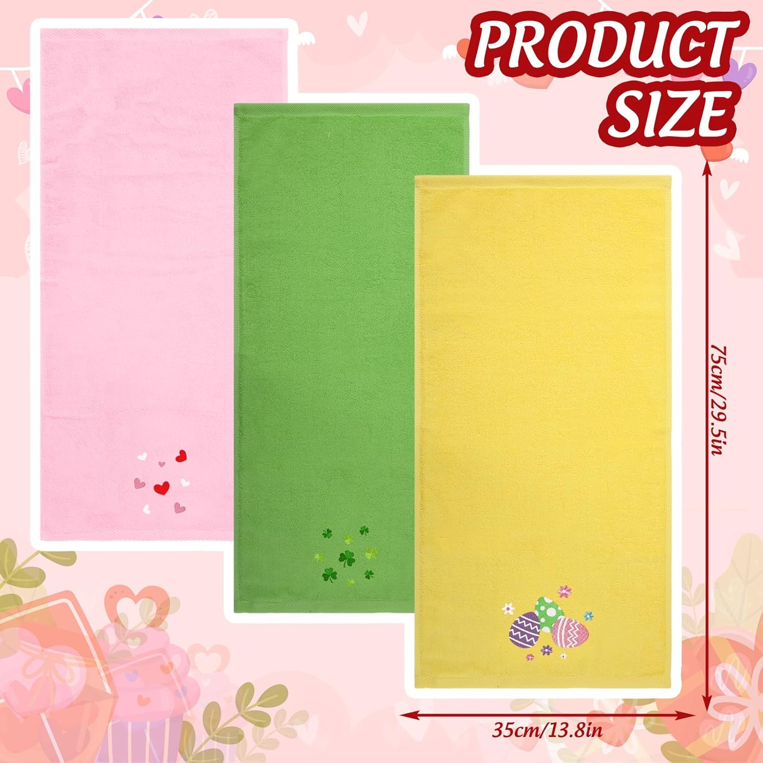 JarThenaAMCS 3Pcs Valentine' s Day St. Patrick' s Day Easter Hand Towels Heart Shamrock Egg Embroidered Bathroom Towels Seasonal Decorative Cotton Dish Towel for Spring Home Bathroom Kitchen Decor - Image 2
