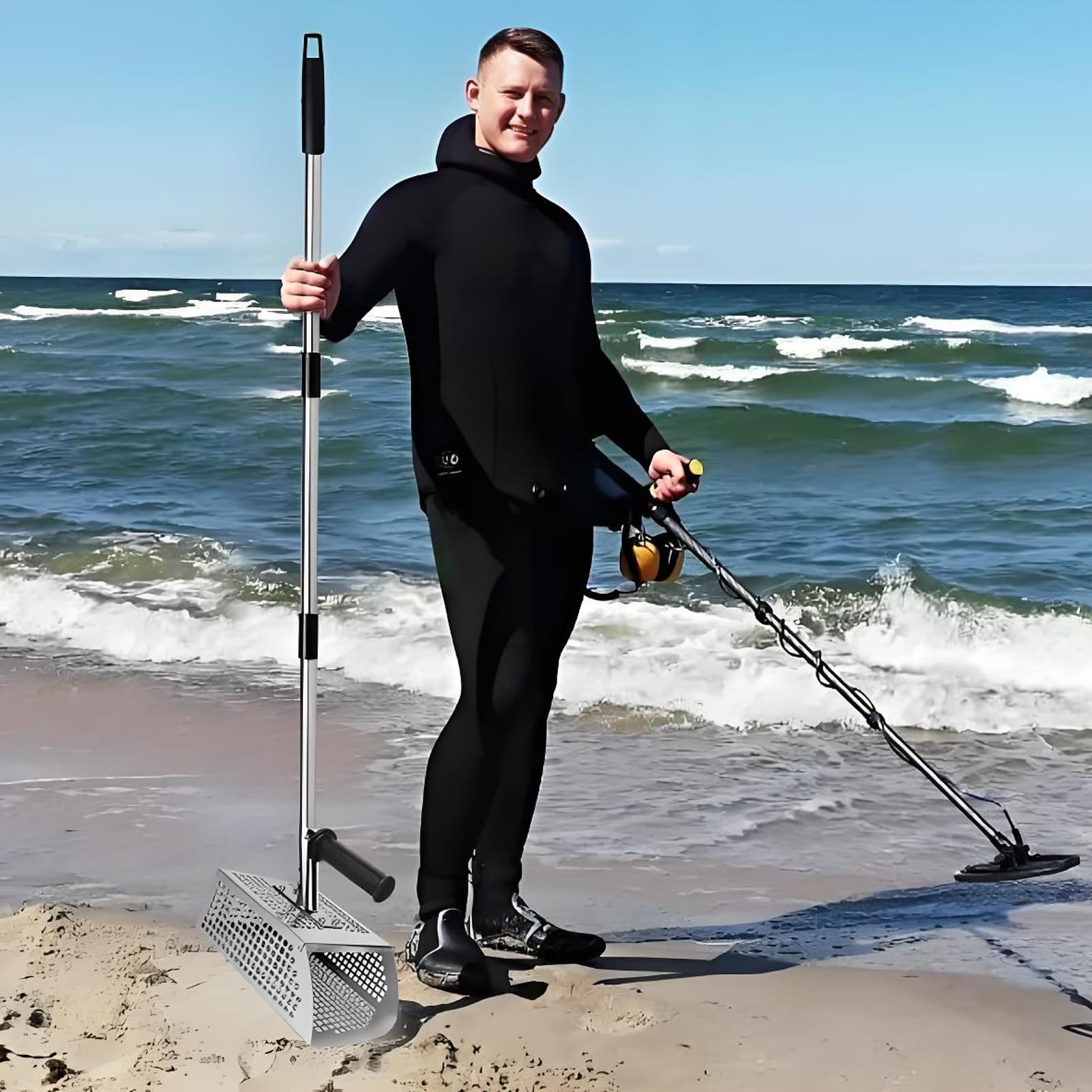Pala para Detector de Metales Detector de Metales de Playa con Mango Largo | Pala Cribadora de Para excavar y tamizar en la playa, buscar tesoros, adultos, verano