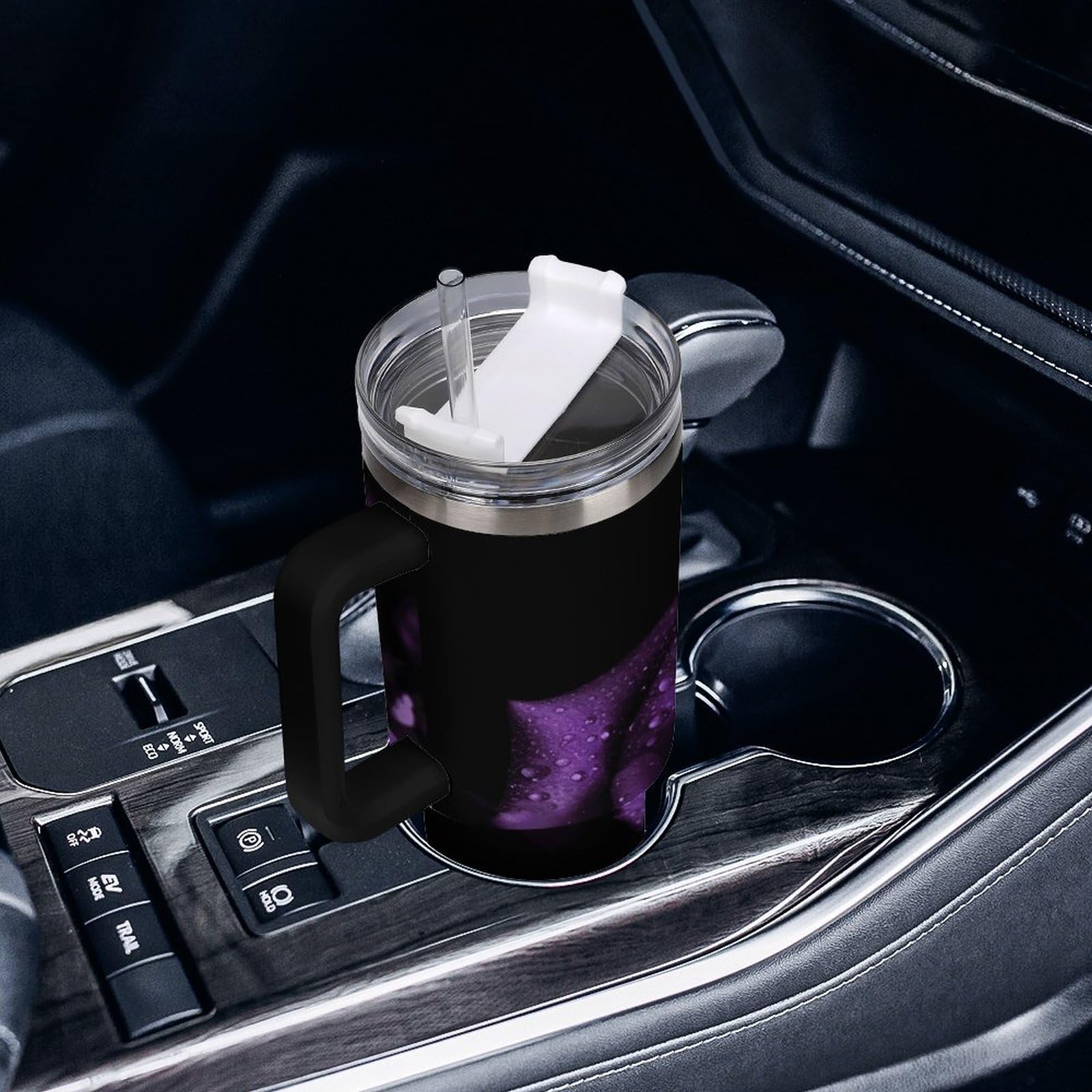 Tazas de rosa morada con popote y asa, taza de café con aislamiento al vacío de doble pared, botellas de agua para café helado, té, bebida caliente y fría