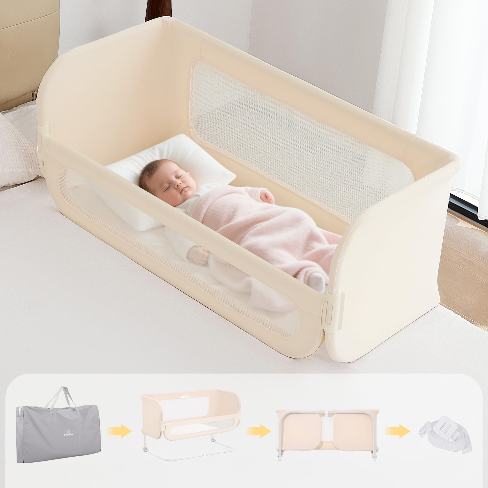 Barriere de Lit Enfant Pliable 2-en-1 185cm avec Sac de Transport, Crème