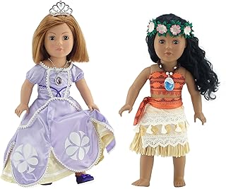 Emily Rose 18-inch Doll Clothes 10-PC Halloween Costume for 18" Doll Bundle Value Set | Island Princess Playset & Lavender Dress Ball Gown with Crown, Necklace and Shoes | USA Business