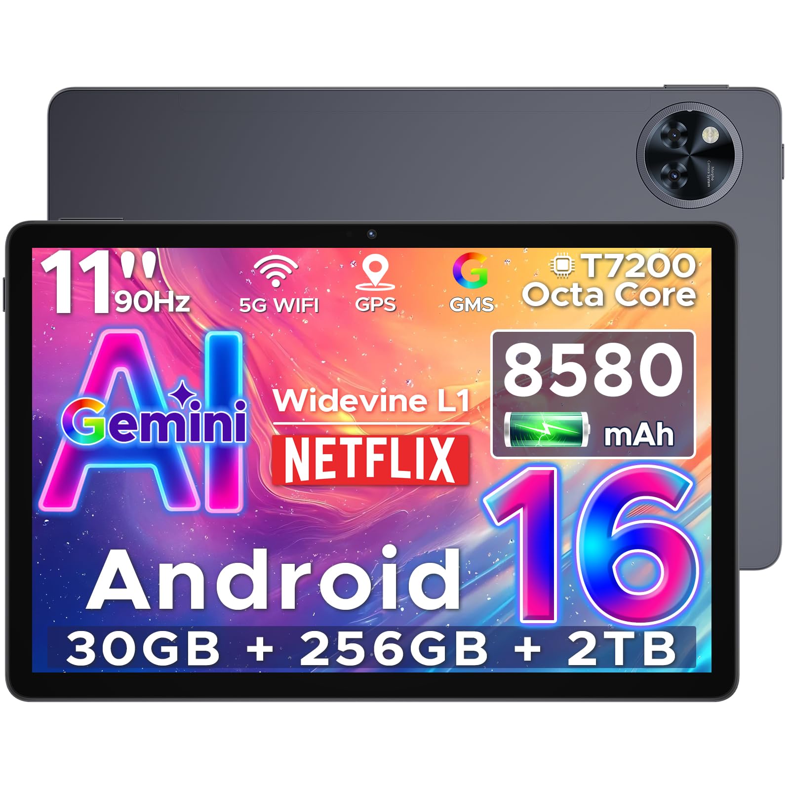 DOOGEETab U11 Pro Android 16 Tablet 11 Pollici, 30GB RAM+256GB ROM (2TB TF), Unisoc T7200 Octa Core Tablet PC, 8580mAh, 90 Hz Display, 13MP+5MP, WIFI 5 /Widevine L1/ GPS/Face ID/OTG,Grigio