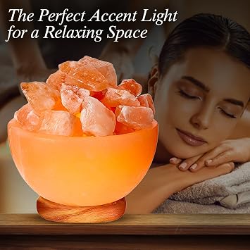 Himalayan Glow Natural Pink Salt Bowl Night Lamp with Crystal Chunks | Hand-Carved Himalayan Salt Lamp for Air Purification and Calming Ambiance