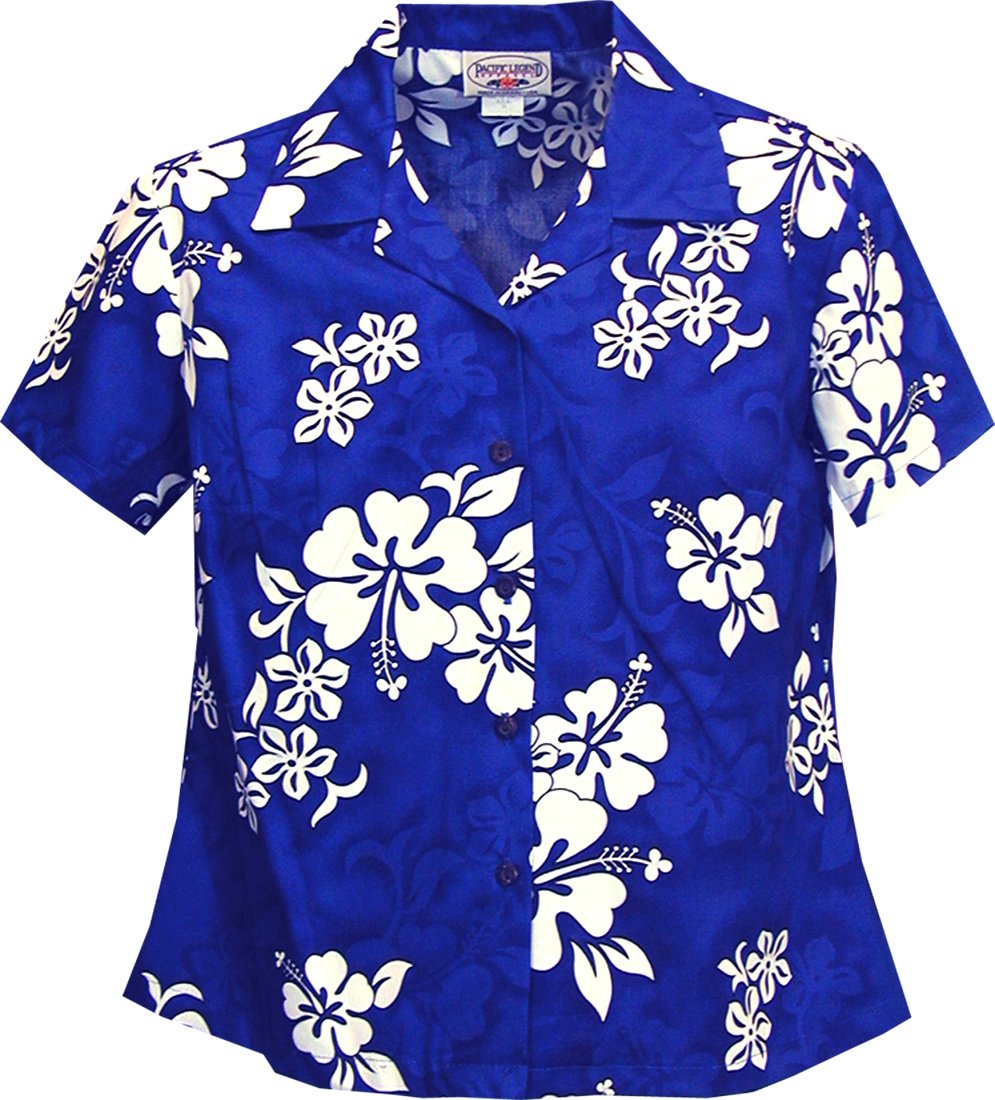 Pacific Legend Womens Shadow White Hibiscus Fitted Shirt Blue S