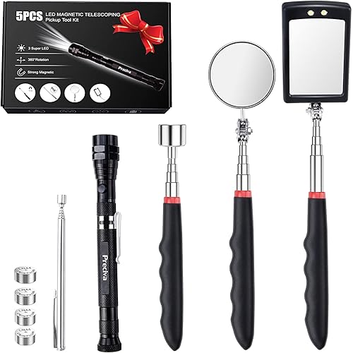 5PCS Magnetic Telescoping Pickup Tool Set – 15lb & 1lb Pick Up Rods, Round & Square 360° Swivel Mirrors with LED, Flexible LED Flashlight with Magnetic Tip, Ideal for Auto, HVAC, Great Gift for Men