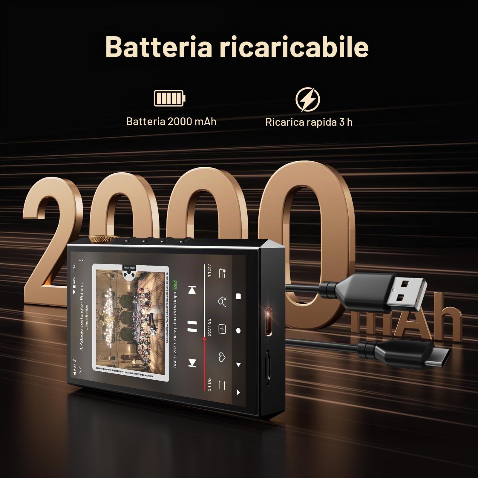 160GB Lettore Audio Hi-Res, Oilsky Lettore MP3 HiFi Bluetooth e WiFi, 4,4 mm Bilanciato, Doppio DAC ESS, 4GB RAM, 4,02" Lettore Spotify Digitale DSD512 Senza Perdita (Nero)