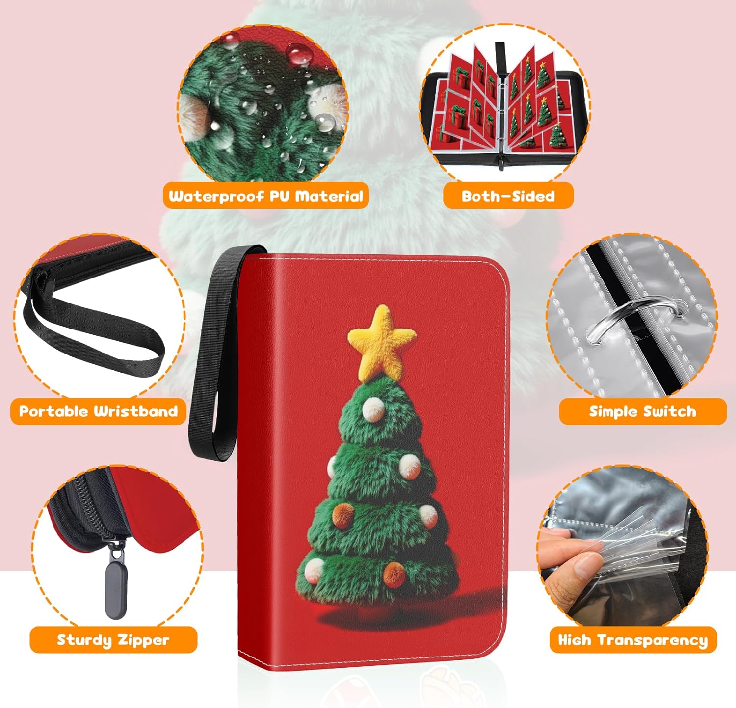 4-Pocket Trading Card Binder with Zipper Closure, Holds 400 Cards with 50 Removable Sleeves, Christmas Gift for Boys & Girls Collecting Sports Cards, Photocards, or Game Cards Storage, Red