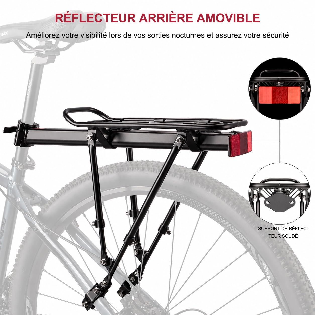 CXWXC Porte-bagages arrière pour vélo - Porte-bagages universel à fixer sur la tige de selle - Porte-bagages pour sacoches de vélo et équipement de tourisme - Charge maximale : 30 kg