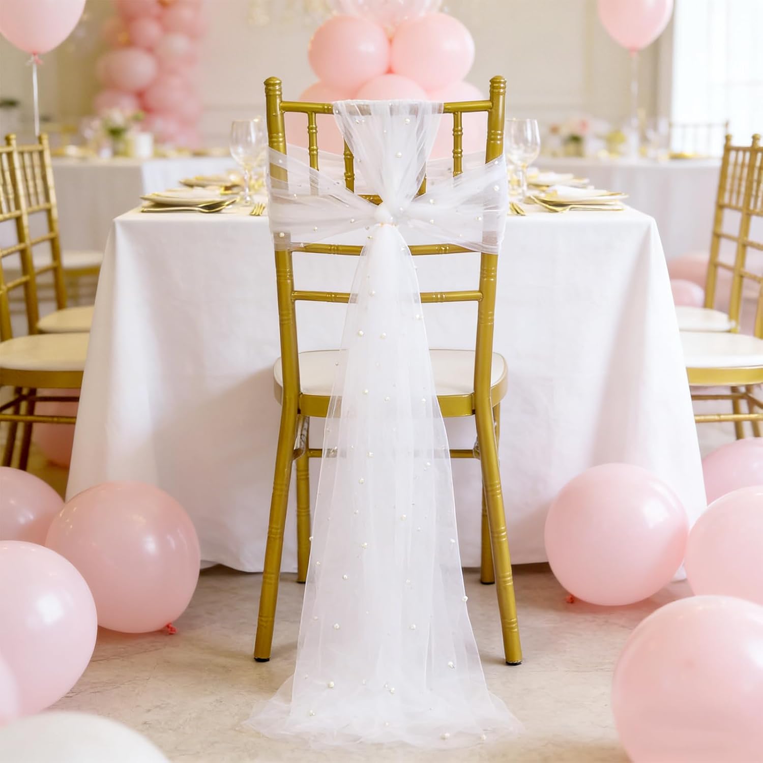 36PCS Wedding Chair Sashes Cover with Pearls 8ft Long Wedding Aisle Decorations Draping Fabric Sheer Church Chair Cover for Party Banquet Outdoor Decor (White)