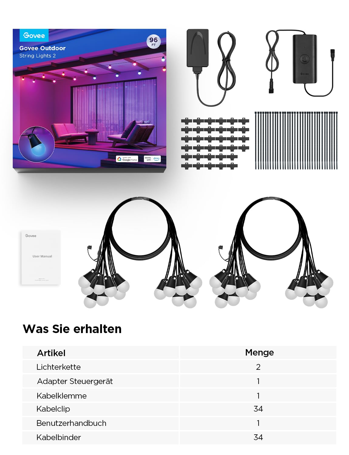 Govee LED Lichterkette Außen 2, 30M Dimmbare RGBICW Outdoor Lichterkette | IP65, 100lm pro Licht, 47 Szenenmodi und 16 Millionen Farben, Intelligente App und Sprachsteuerung, Lebensdauer 25000 Stunden