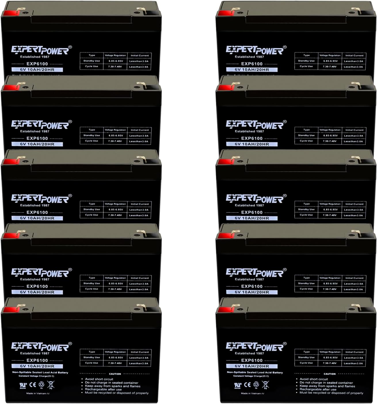 ExpertPower EXP6100 6V 10Ah - (10 Pack) SLA AGM 6V Battery for Emergency Light, Deer Feeder, Solar Storage, Electric Scooters, 6 Volt Battery Rechargeable, VRLA Batteries Replacement (F1 Terminal)