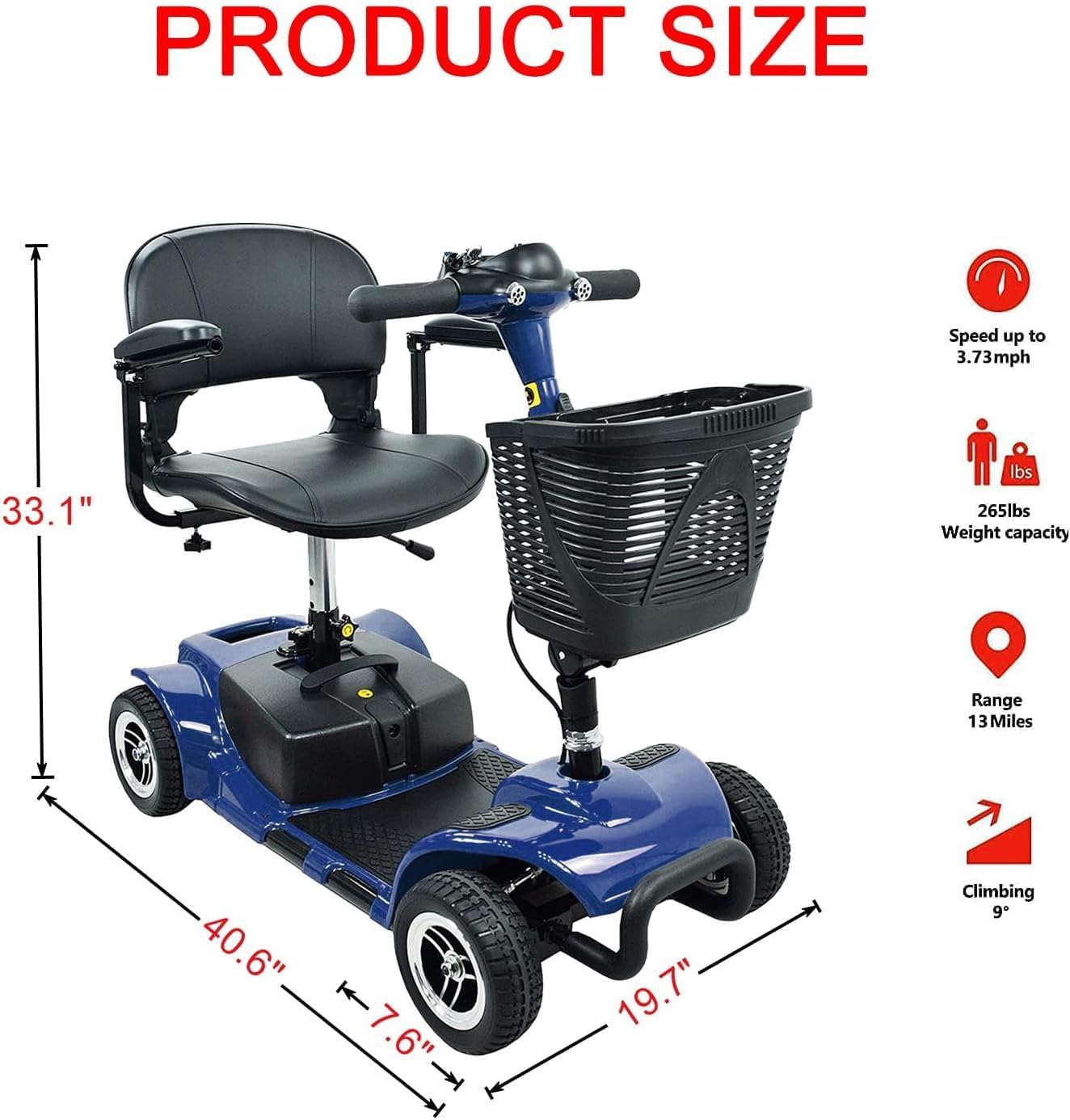 Diagram showing the dimensions of the mobility scooter: 40.6 inches deep, 19.7 inches wide, 33.1 inches high. Also lists speed up to 3.73 mph, 265 lbs weight capacity, 13 miles range, and 9 degree climbing ability.