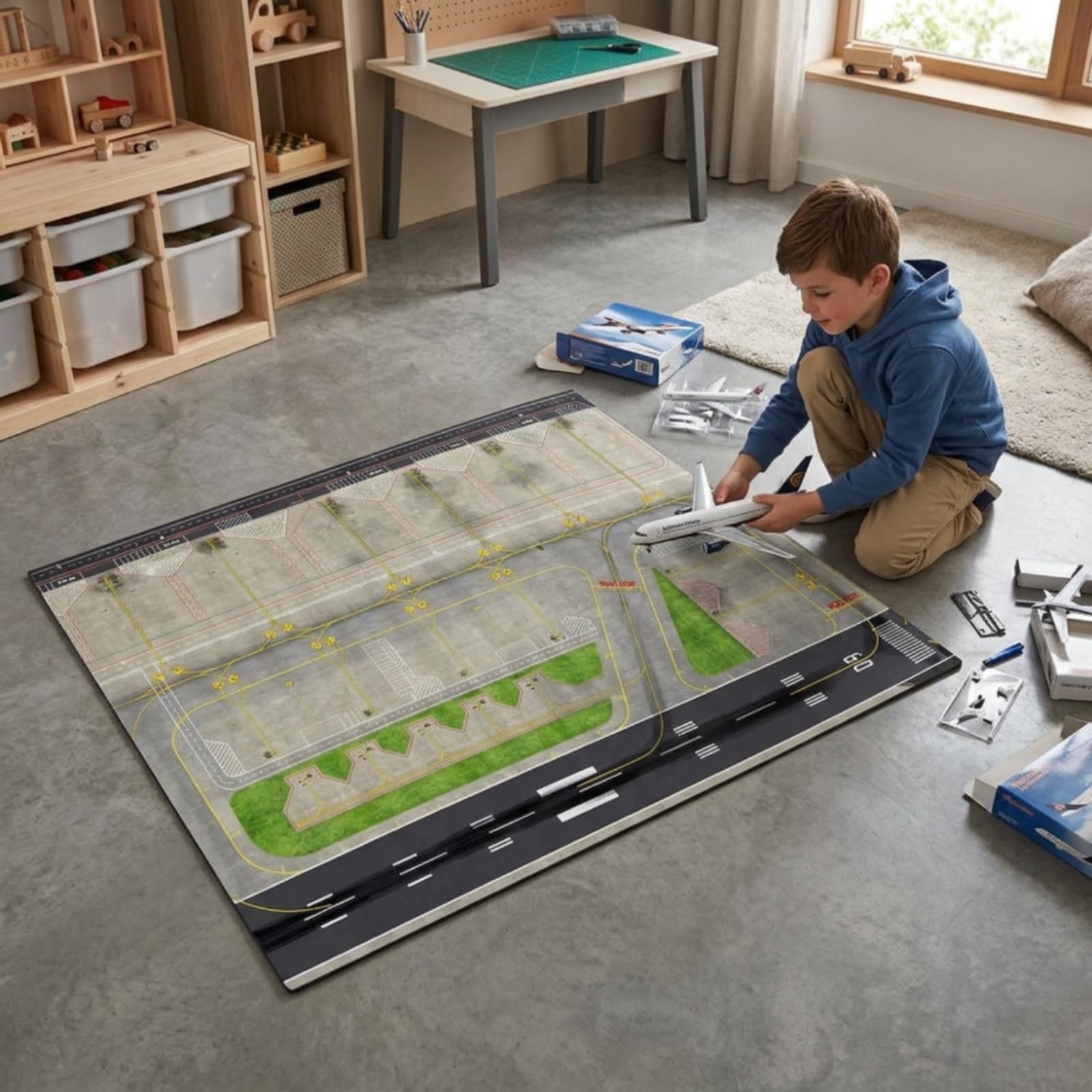 harayaa Supporto Base Aeroporto in Legno con Layout di Pista E Segnaletica Orizzontale Stampata E Aree Verdi Curate per Diorama di Modellismo E Esposizione su Scrivania Adatta per Attività Ricreative