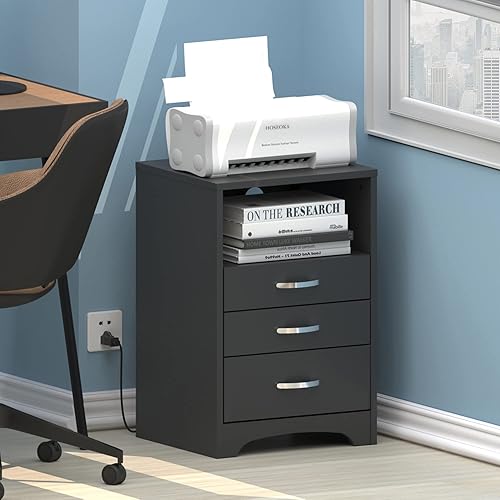 Miniatura 10 de Mesita de noche negra con 3 cajones con estación de carga, mesa auxiliar con almacenamiento abierto, mesita de noche, armario de almacenamiento para