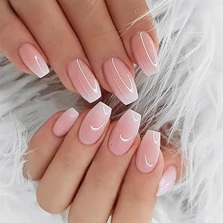 Ombre Pink Press on Nails Short Medium Square Glue on Nails Set,KXAMELIE French Fake Nails Short Coffin Acrylic Nails Press on Gel Nails for Women Reusable False Nails in 24 Pcs