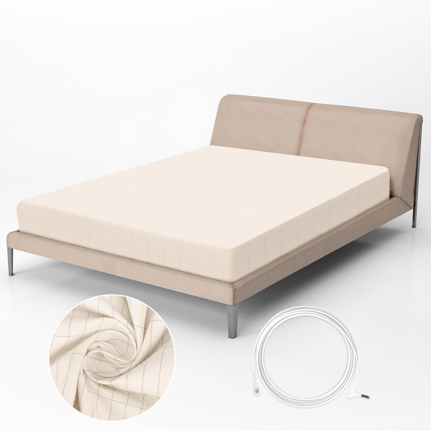 RIQINXIN Conductive Grounding Fitted Sheet Silver Fiber Grounding Bottom Sheet with 15ft Grounding Cable Grounding Fitted Bed Sheet for Better Sleep 54x80x10in Full Grey