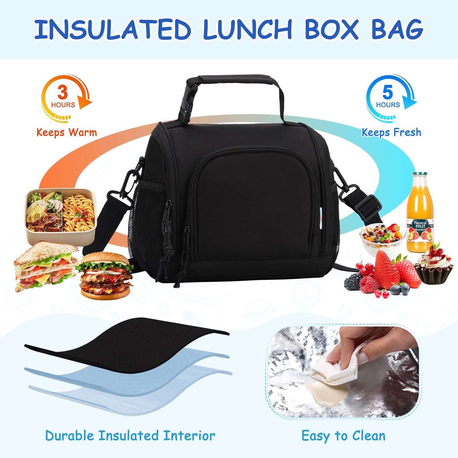 VASCHY Lunch Bag for Men, Reusable Insulated Large Lunch Box Container Cooler Bag for Adults/Women/Kids for Work,School,Picnic Black