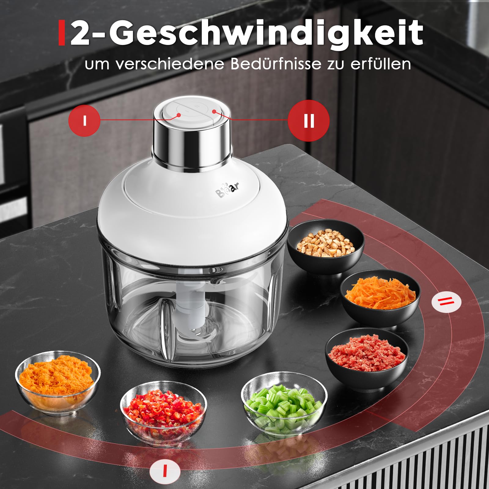 Bear 0.6L+2L Zerkleinerer Glas, 2 Geschwindigkeitsstufen, Häcksler mit 4-Edelstahlklingen und Fleischwolf, Glasbehälter Zerkleinerer für Fleisch,Babynahrung,Obst,Gemüse,Elektrisch Mini chopper