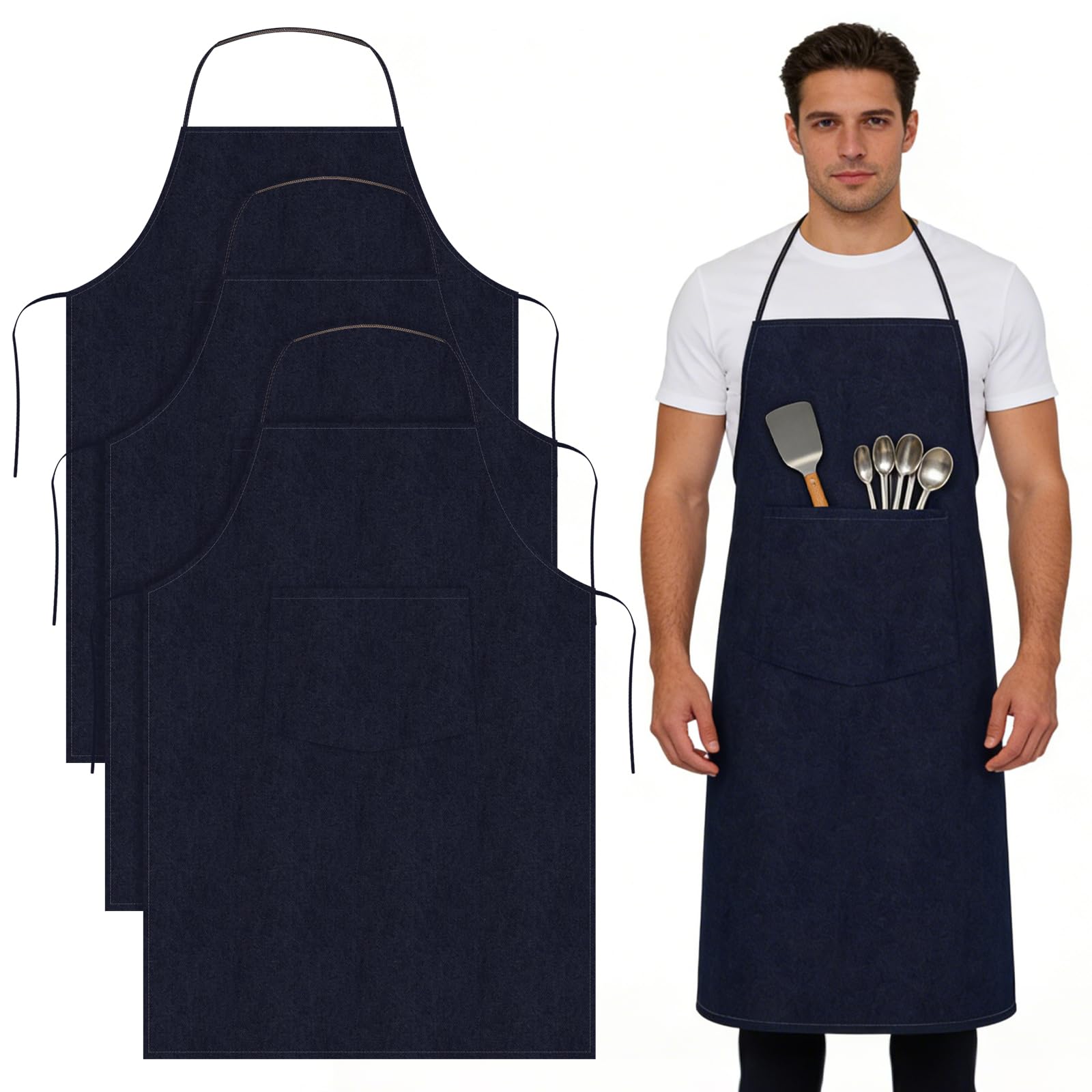 WENLISELL 3 Pack Denim Apron, Canvas Kitchen Apron with Pockets
