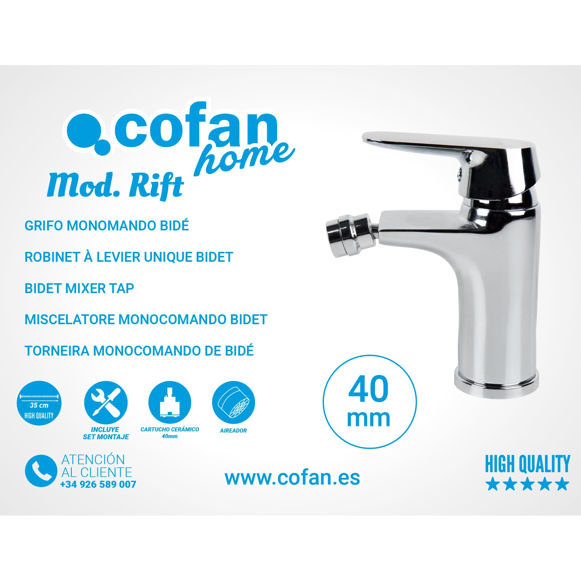 Cofan Bateria bidetowa | Pojedynczy | Pomiar 40 mm | Model Rift | Wykonany z mosiądzu z chromowanym wykończeniem i sterowaniem ze stopu cynku