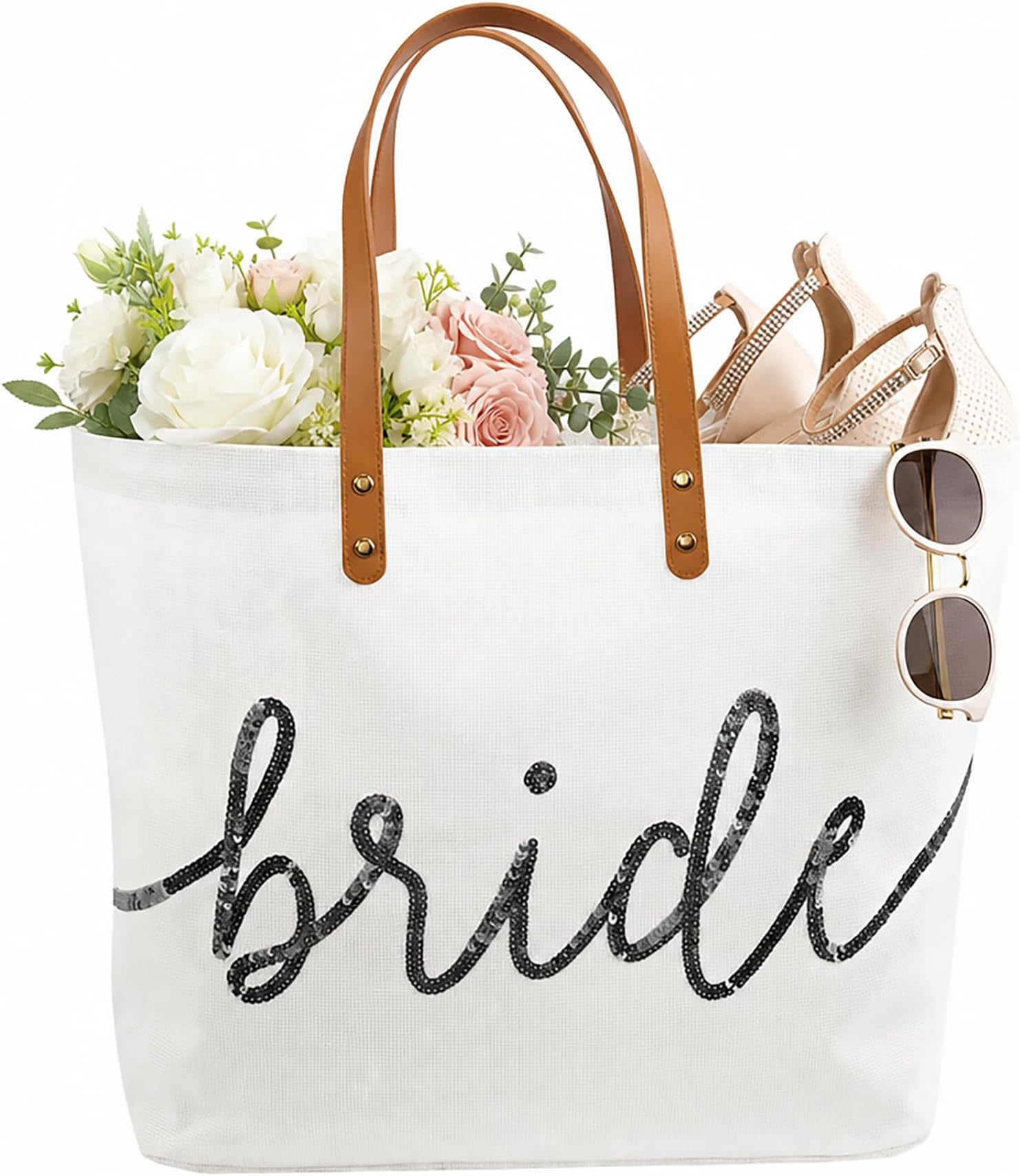 Mud Pie Bride Tote Bag, Bridal Shower Gift with Silver Sequin Script, Bridal Bag With Vegan Leather Handles