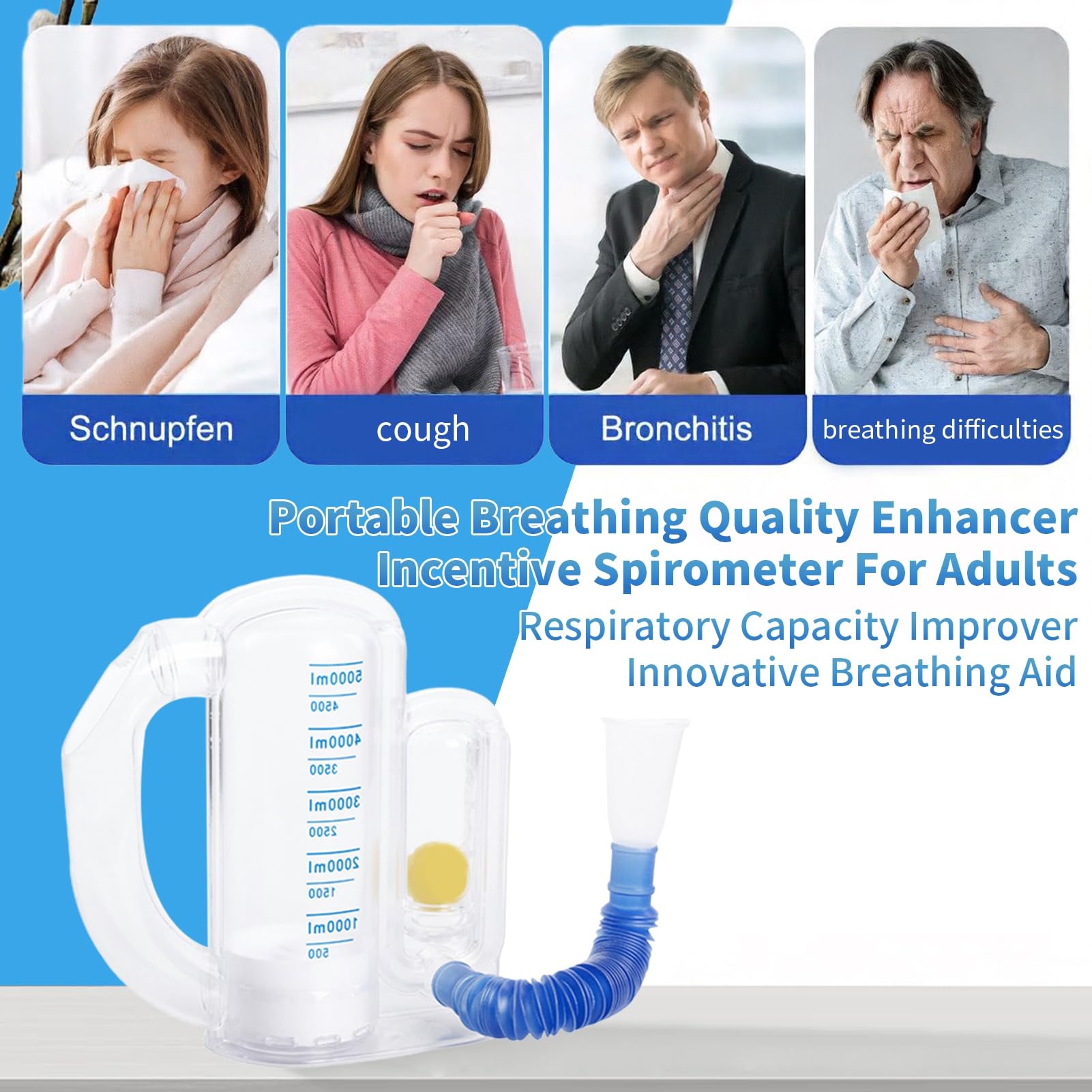 Appareil d'exercice pulmonaire pour personnes âgées - Spiromètre incitatif - Mesure du volume de 5000 ml avec indicateur de débit - Respiration profonde - Pour étudiants et enfants - Blanc