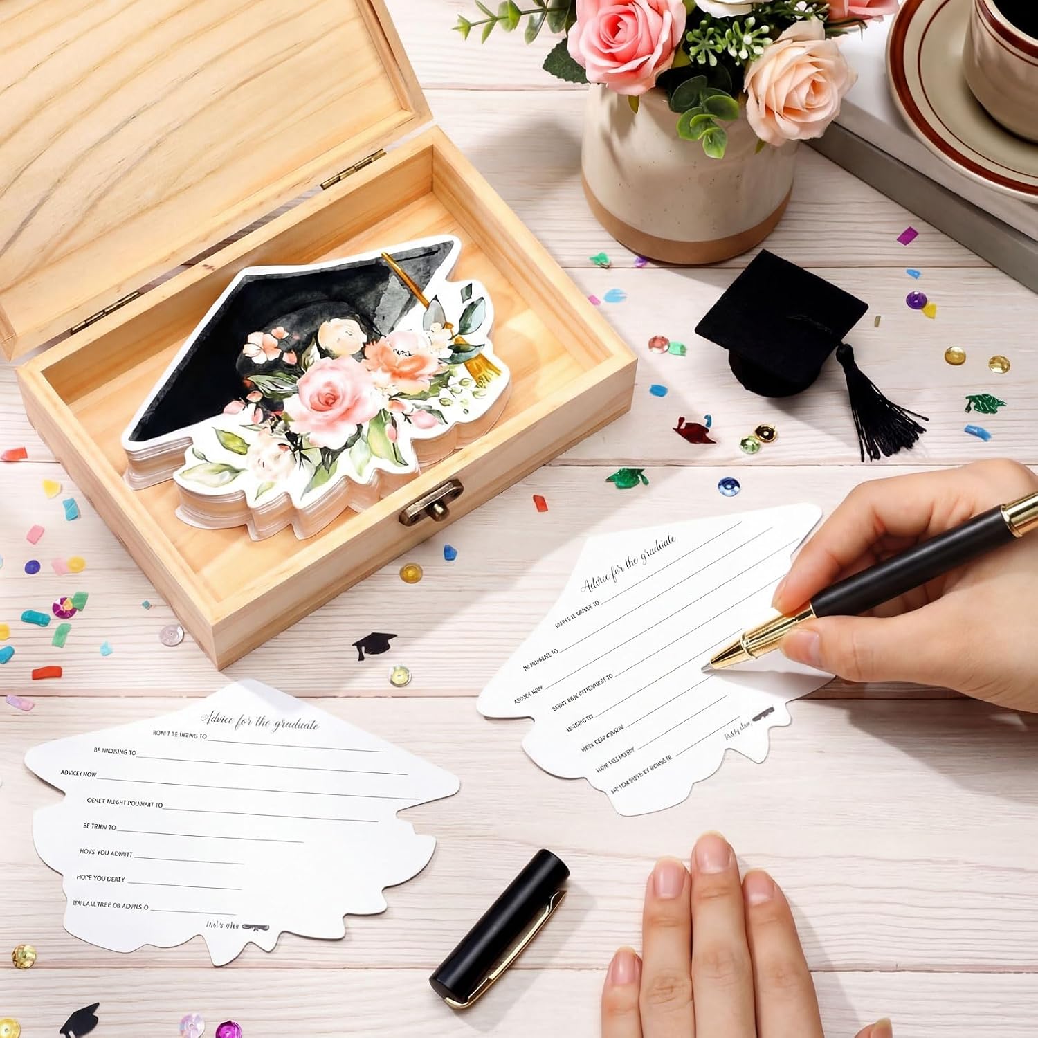 Resurhang 60 Pcs Pink Floral Rose Graduation Wood Card Box Giveaways 2026 for Guests Keepsake Box 2026 Advice and Wishes Cards with Pen Class of 2026 Gifts for The Grad Party Decorations